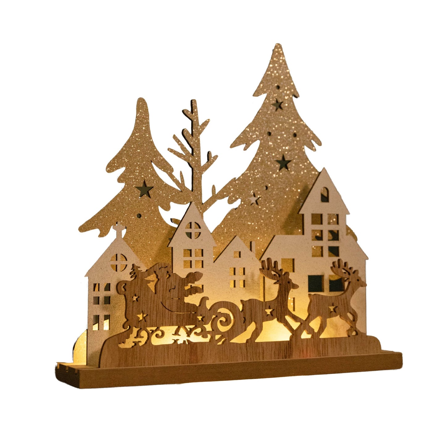 20cm Battery Operated Light up Wooden Village with Santa in Sleigh and Warm White LEDs