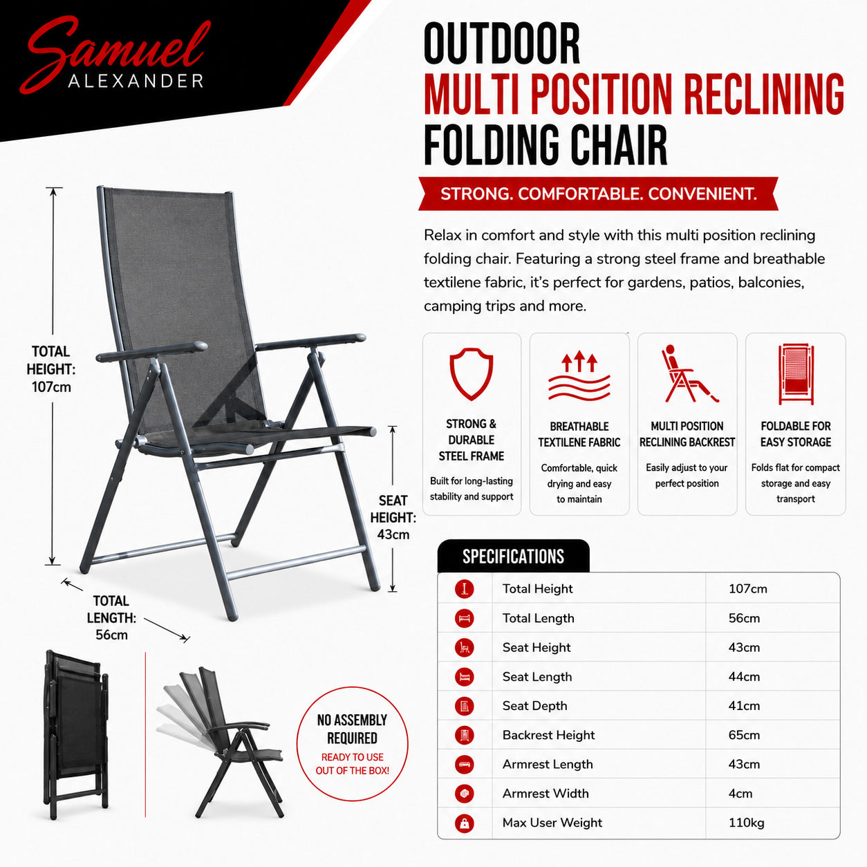 Outdoor Garden Patio Multi Position Reclining Folding Chair in Black and Silver
