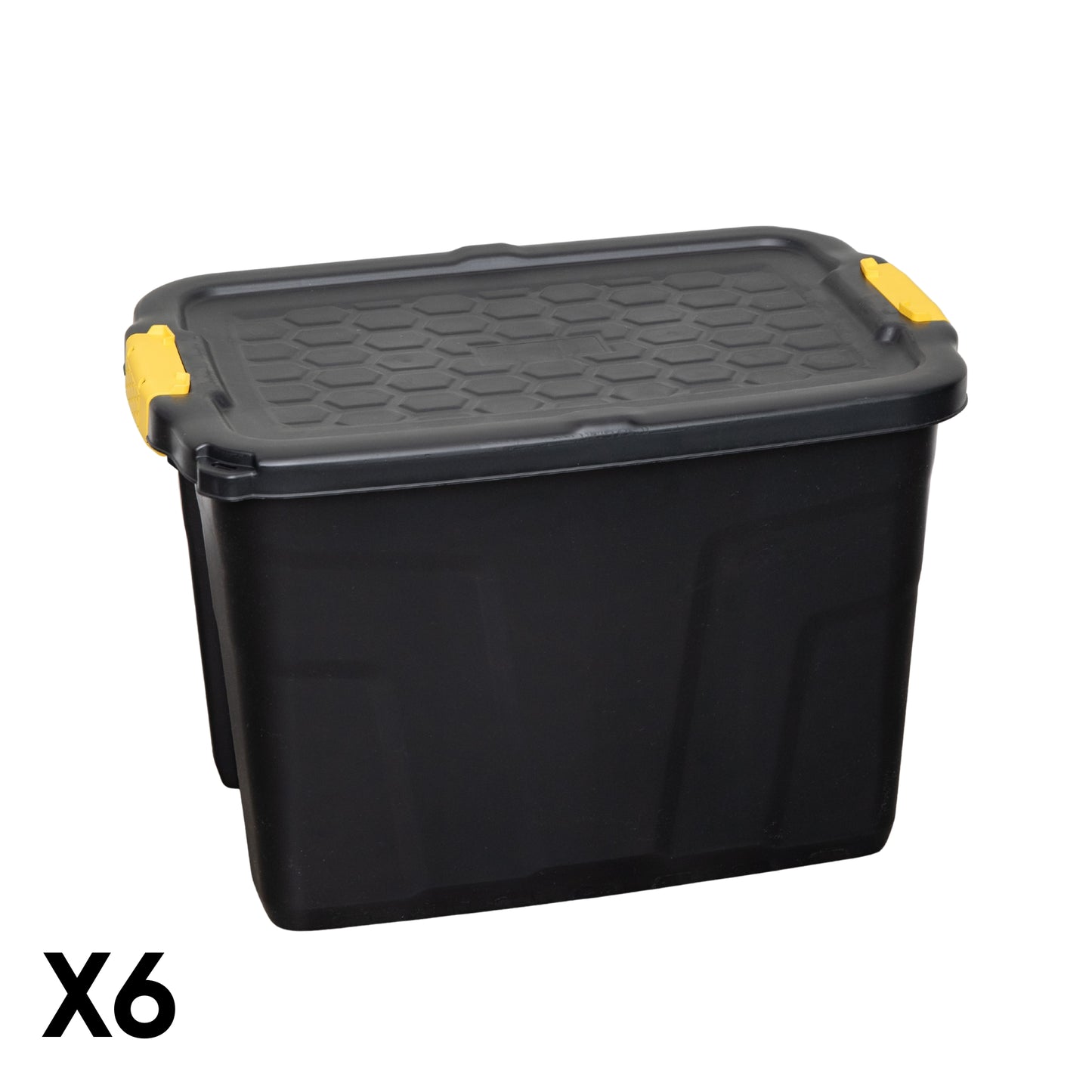 6 x 60L Heavy Duty Storage Tubs Sturdy, Lockable, Stackable and Nestable Design Storage Chests with Clips in Black