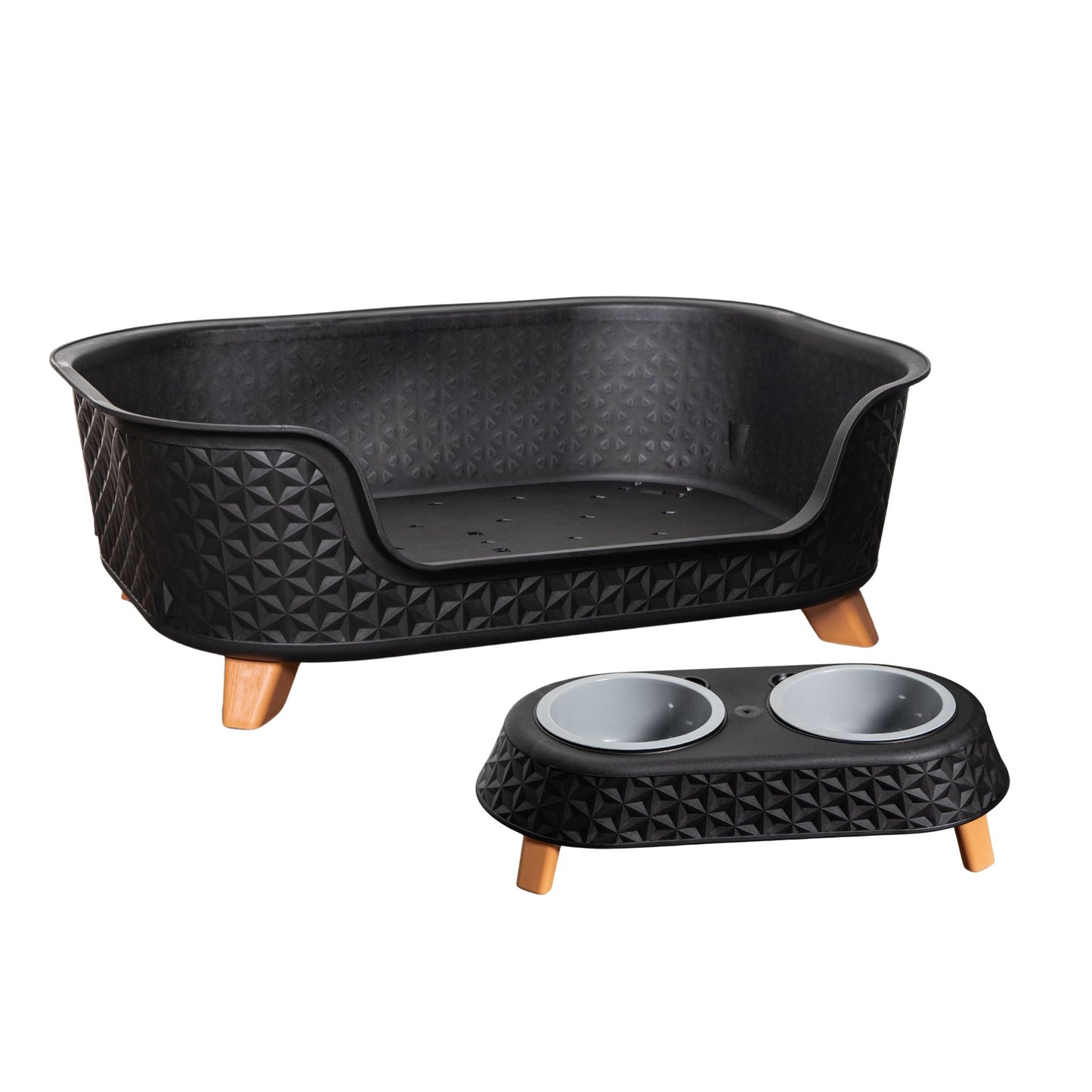 77cm x 58cm Black Plastic Raised Pet Basket with Legs and Black Plastic Double Pet Bowl Feeder with Stand Set