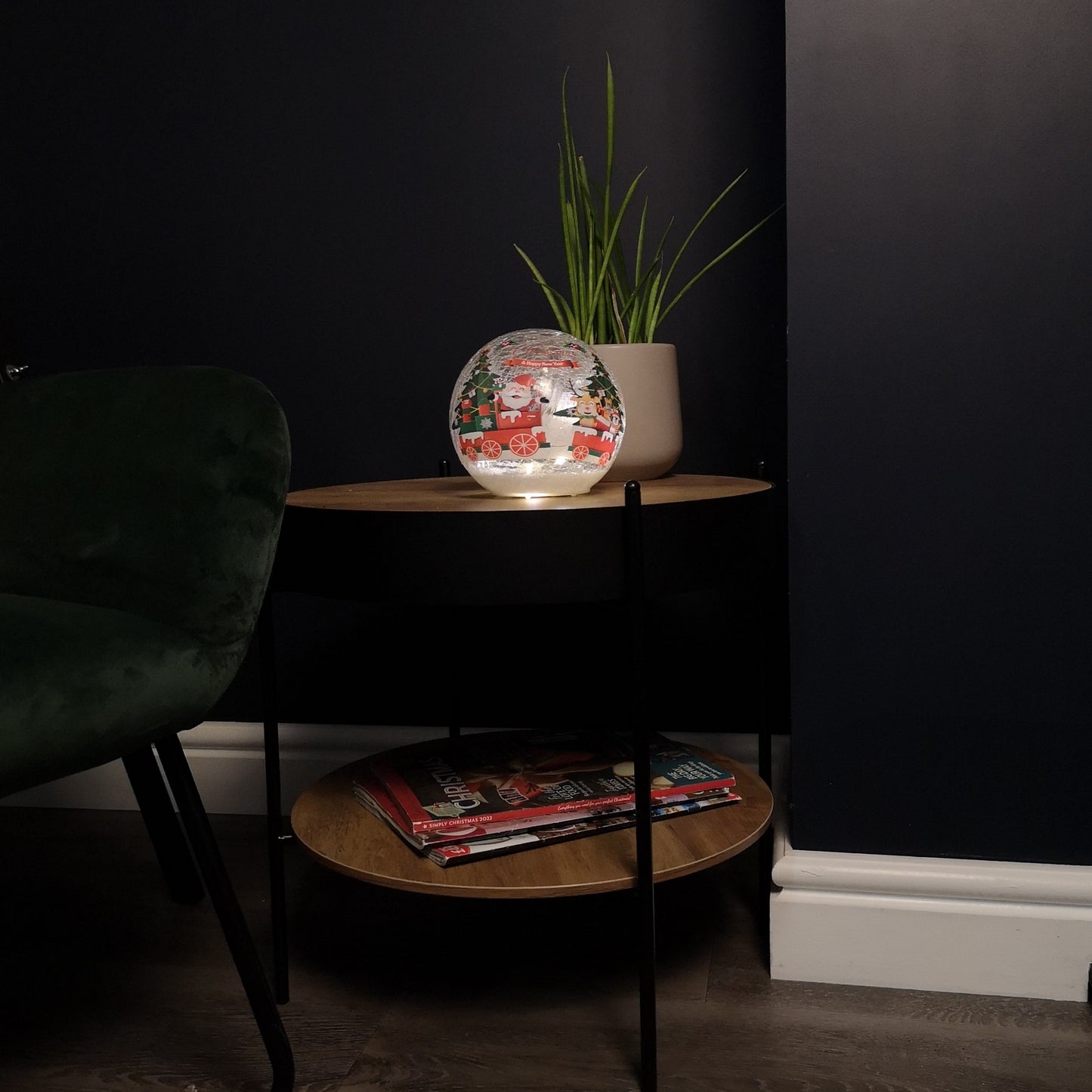 15cm Battery Operated Twinkling Warm White LED Crackle Effect Ball Christmas Decoration with Santa and Friends in Train