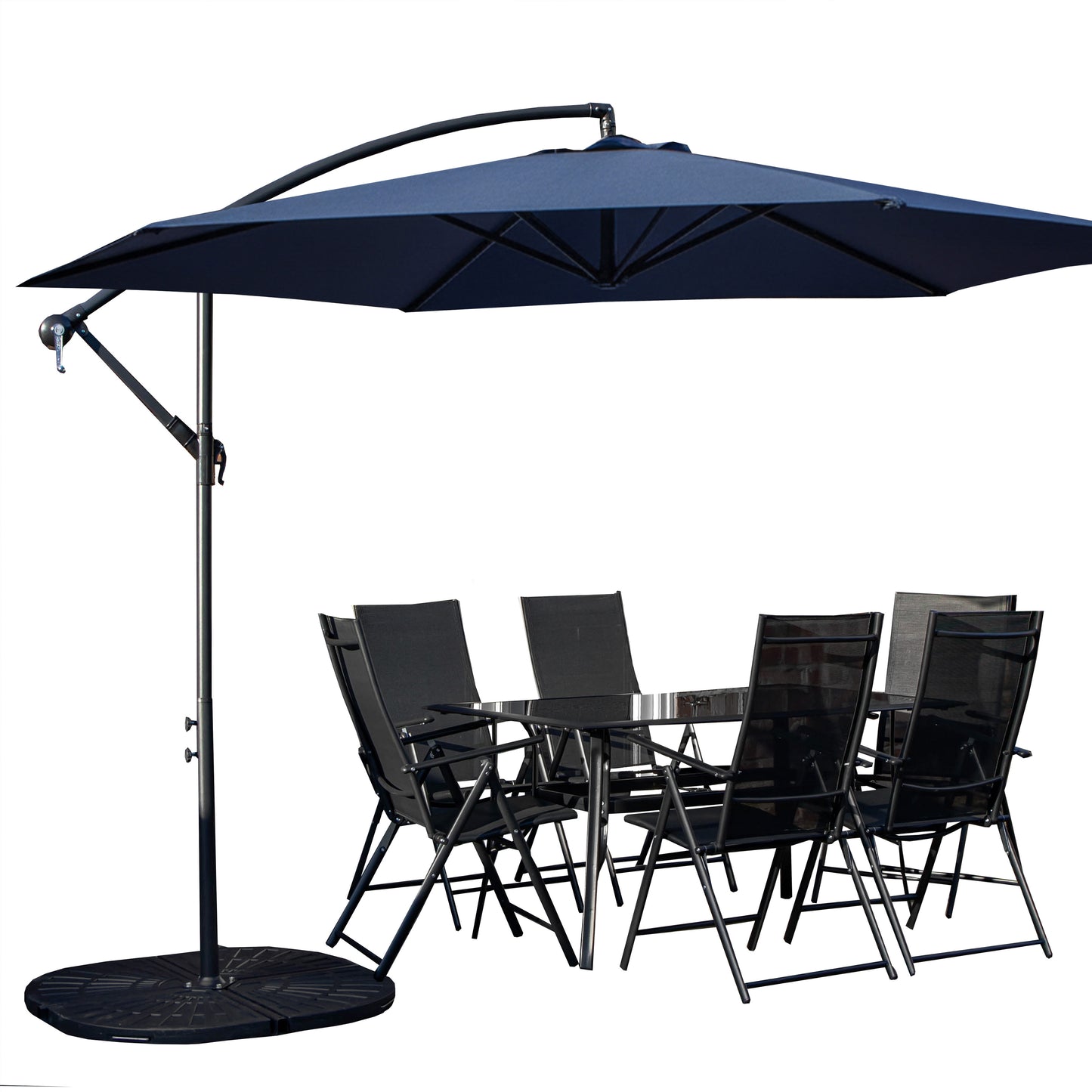 Outdoor 6 Person Rectangular Glass Top Garden Dining Table Chairs With Blue Banana Parasol and Base Set