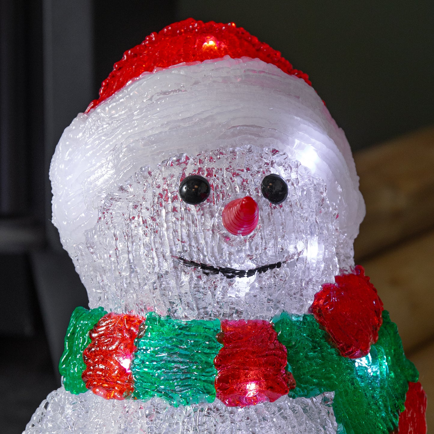30cm Light up Acrylic Christmas Snowman in Red and Green Scarf with White LEDs