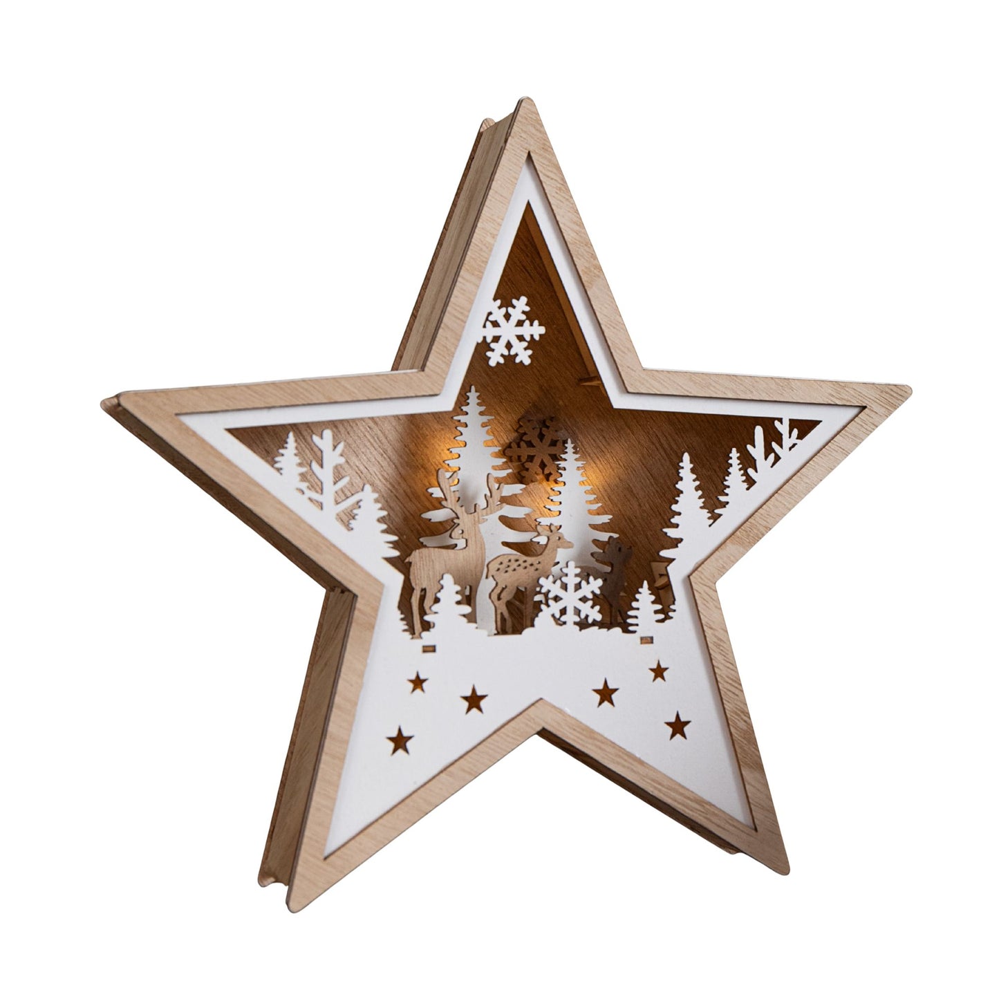 23cm Battery Operated Wooden Star Shape Woodland Scene Christmas Decoration