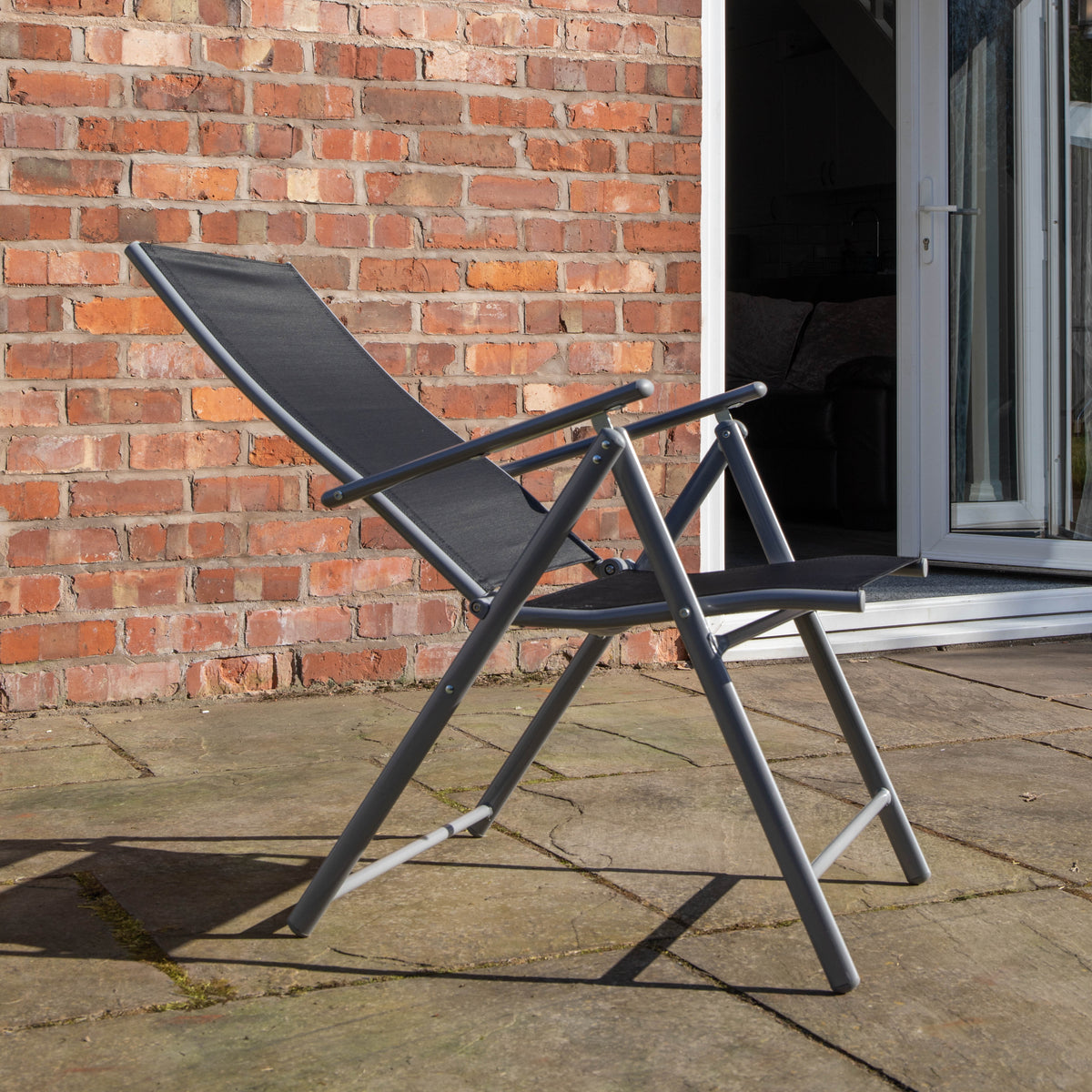 2 x Multi Position High Back Reclining Garden / Outdoor Folding Chair in Black and Silver
