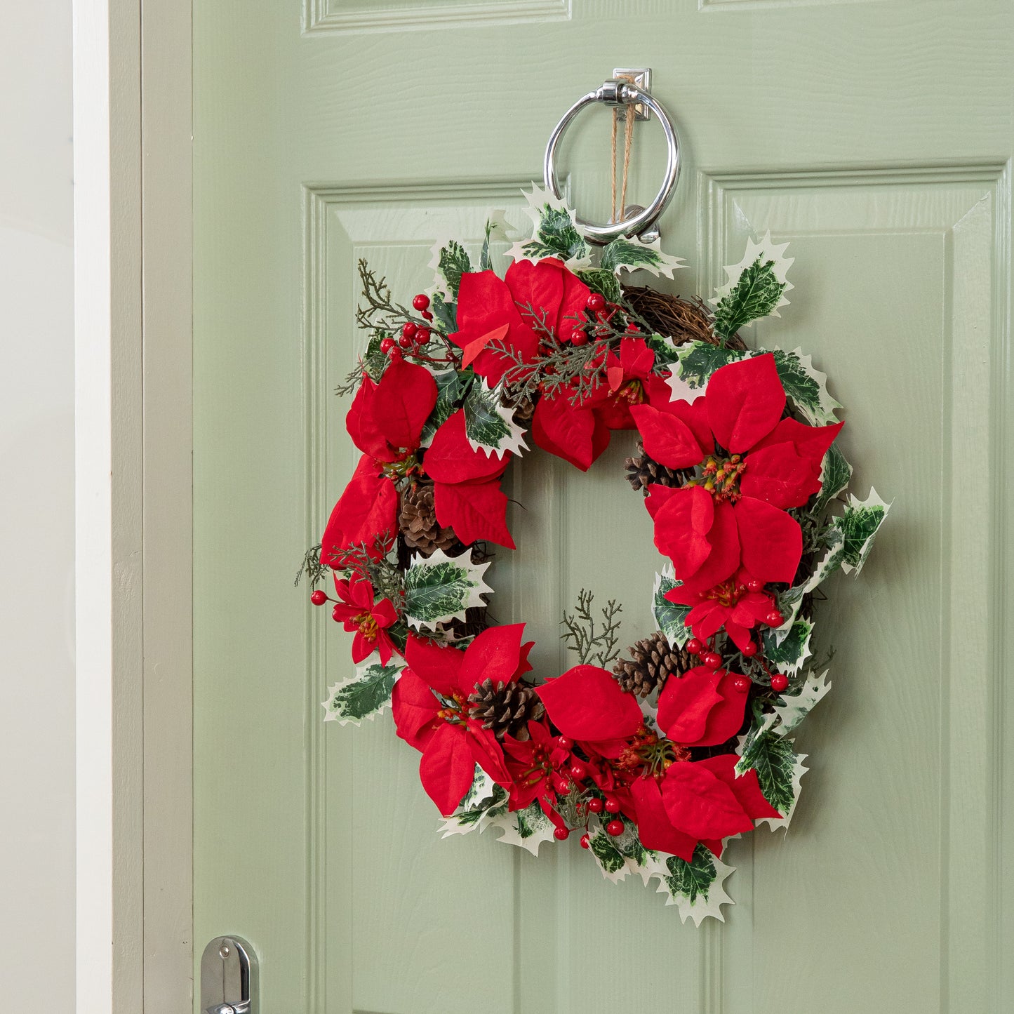 40cm Red Hanging Christmas Poinsettia Wreath with Berries and Pinecones