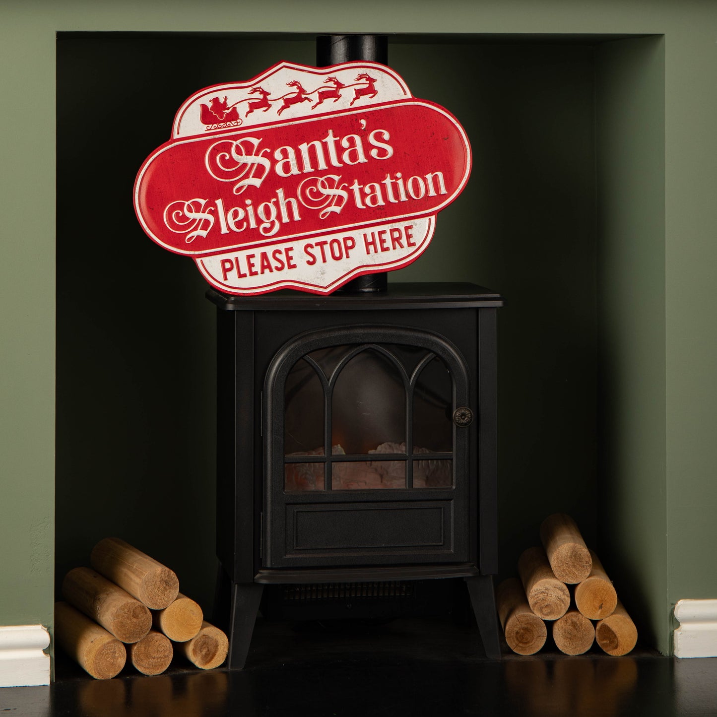 51cm Red and White Metal Christmas Santa Sleigh Station Sign