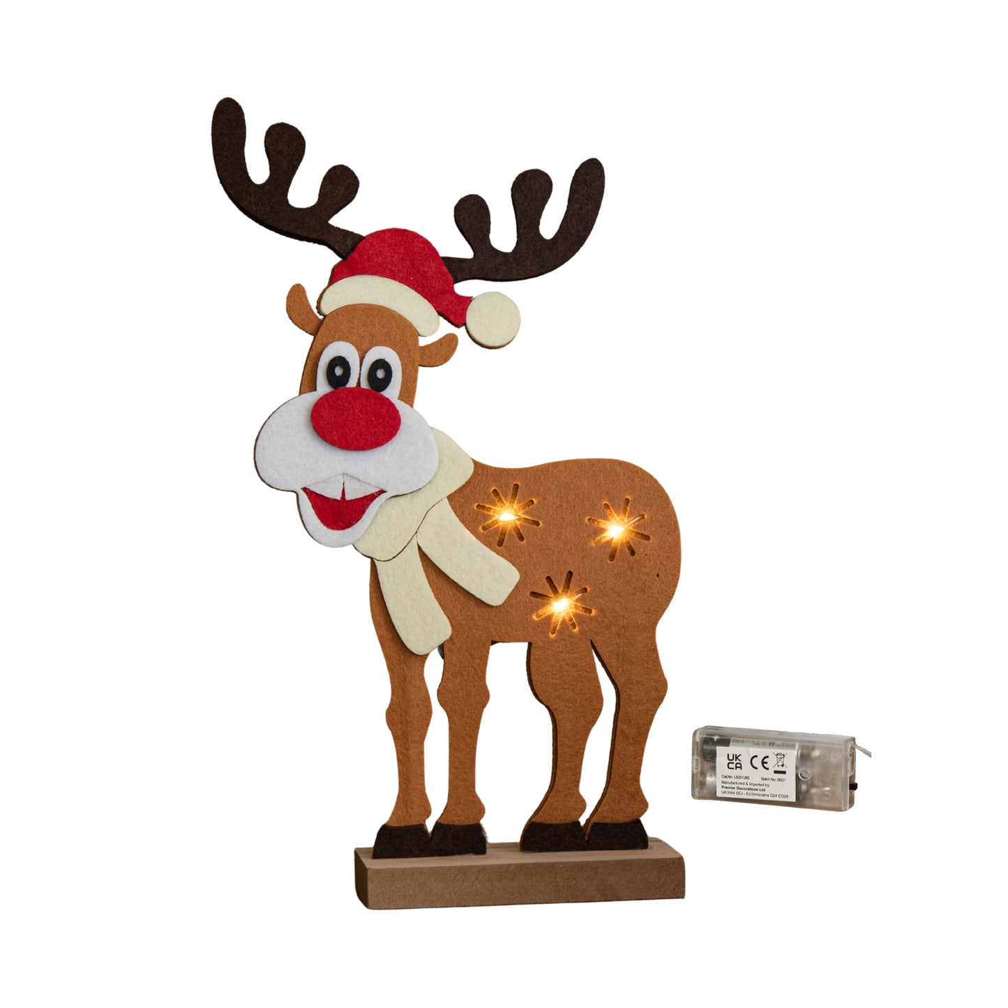 32cm Battery Operated Light up Felt Reindeer with Santa Hat and Warm White LEDs