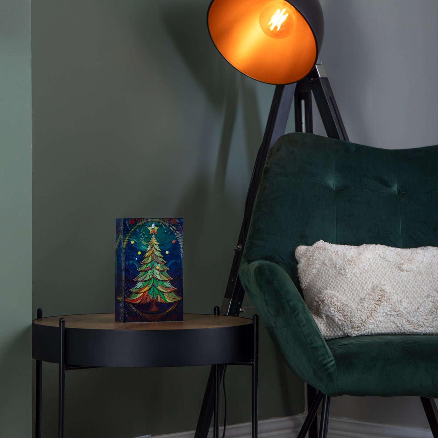 21cm Battery Operated Double Sided Stained Glass Christmas Tree Decoration with LEDs