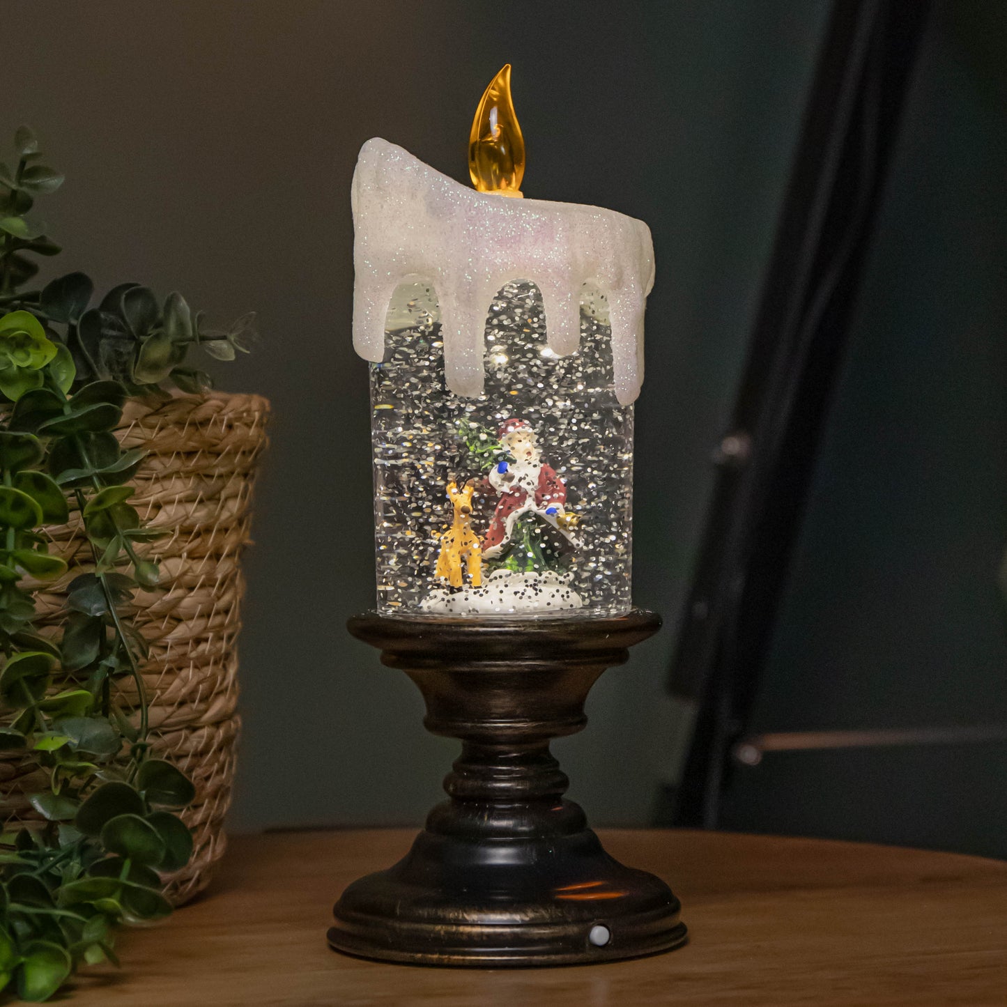 25cm Snowtime Dual Power LED Water Spinner Candlestick with Santa Scene