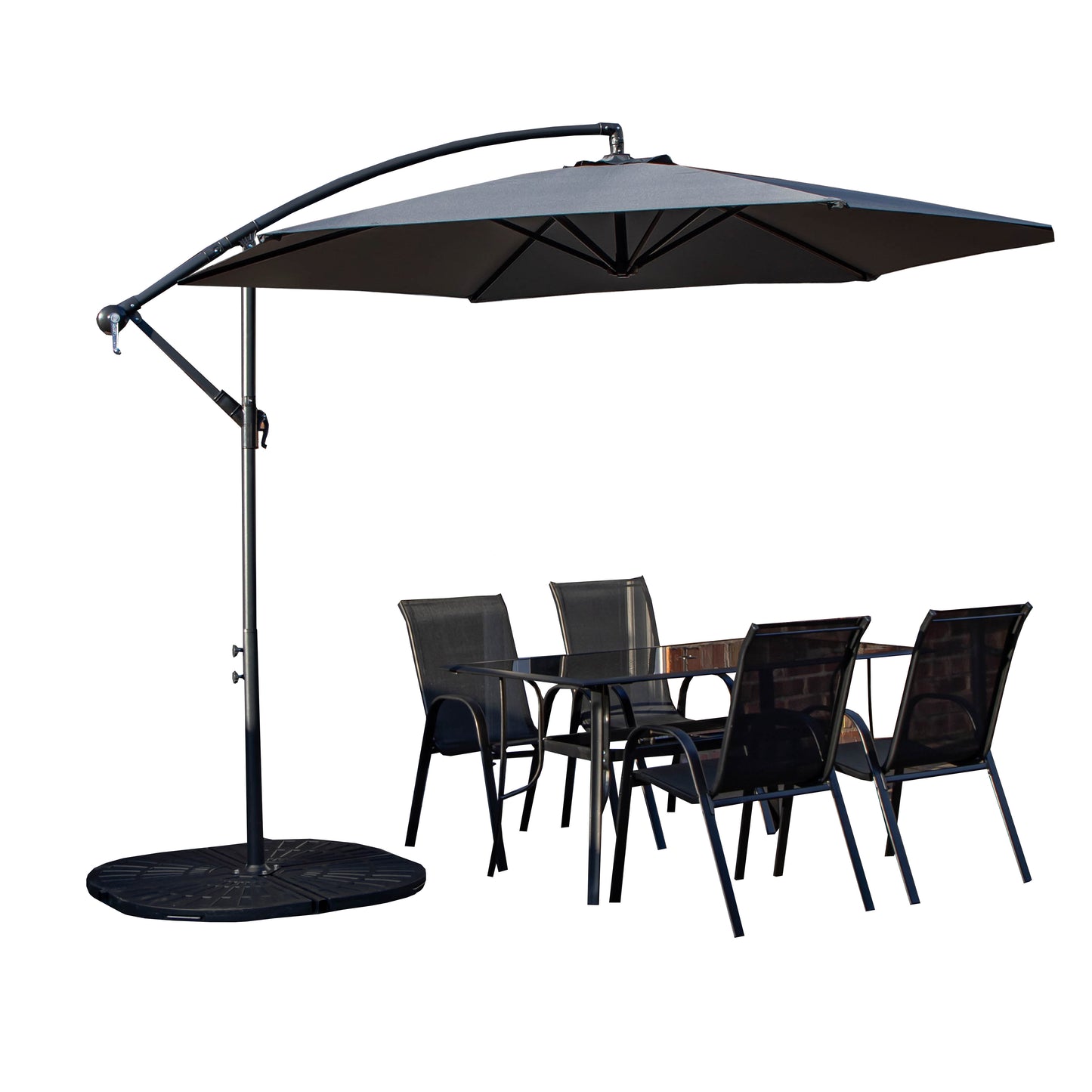 Outdoor 4 Person Rectangular Glass Top Garden Dining Table Chairs With Grey Banana Parasol and Base