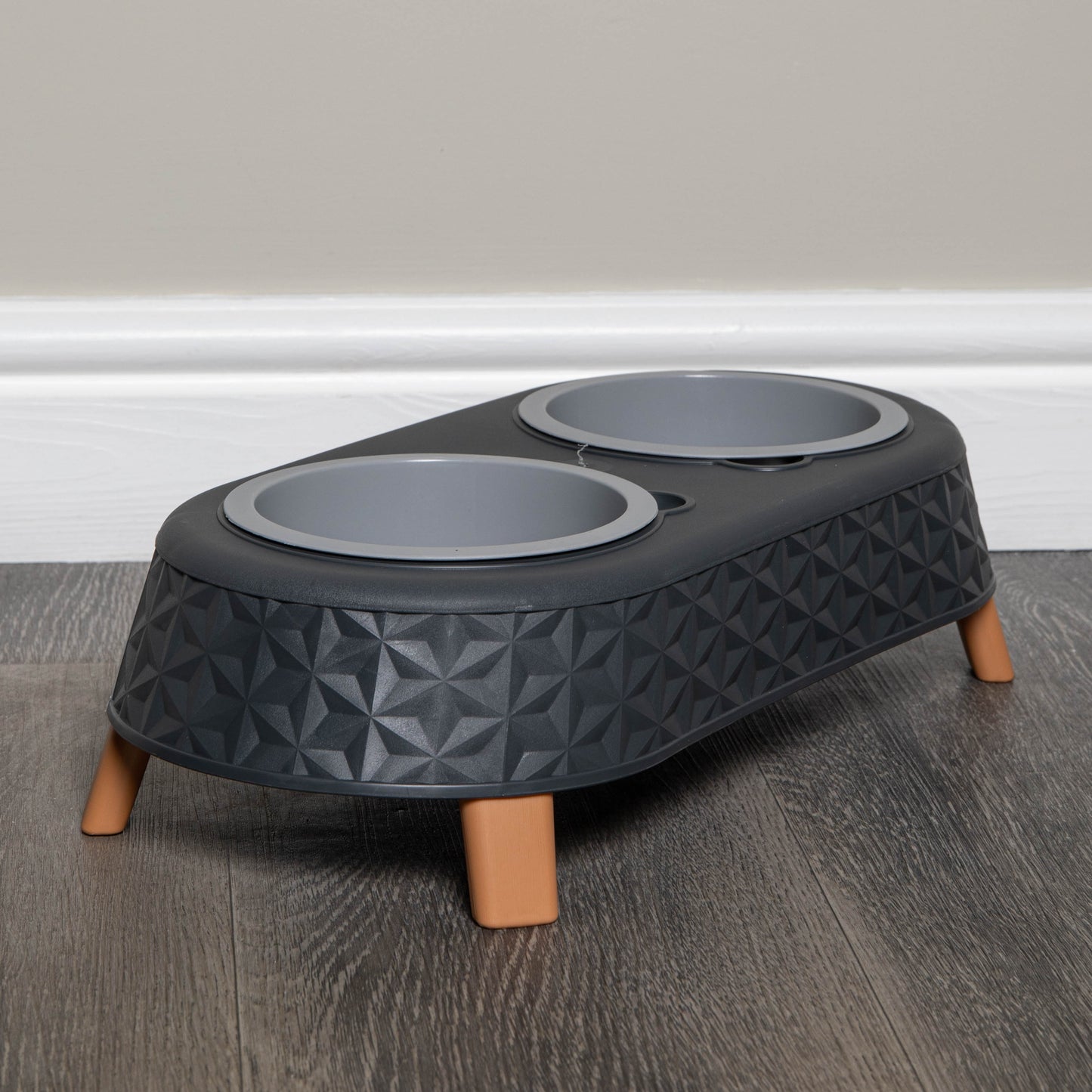 16cm x 9cm Grey Plastic Raised Double Pet Bowl Feeding Station with Stand