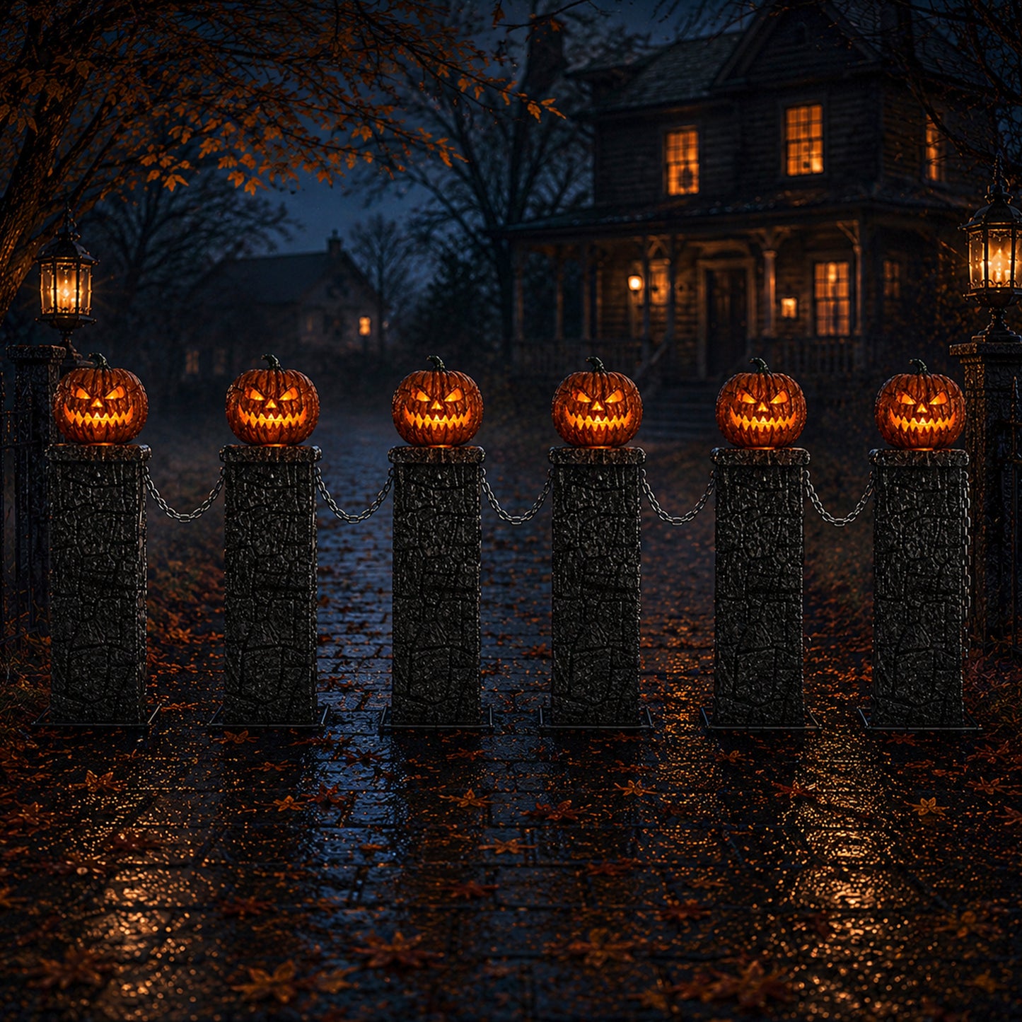 Pack of 2: 97cm x 1.2m Battery Powered Light up Halloween Pumpkin Fence with LEDs
