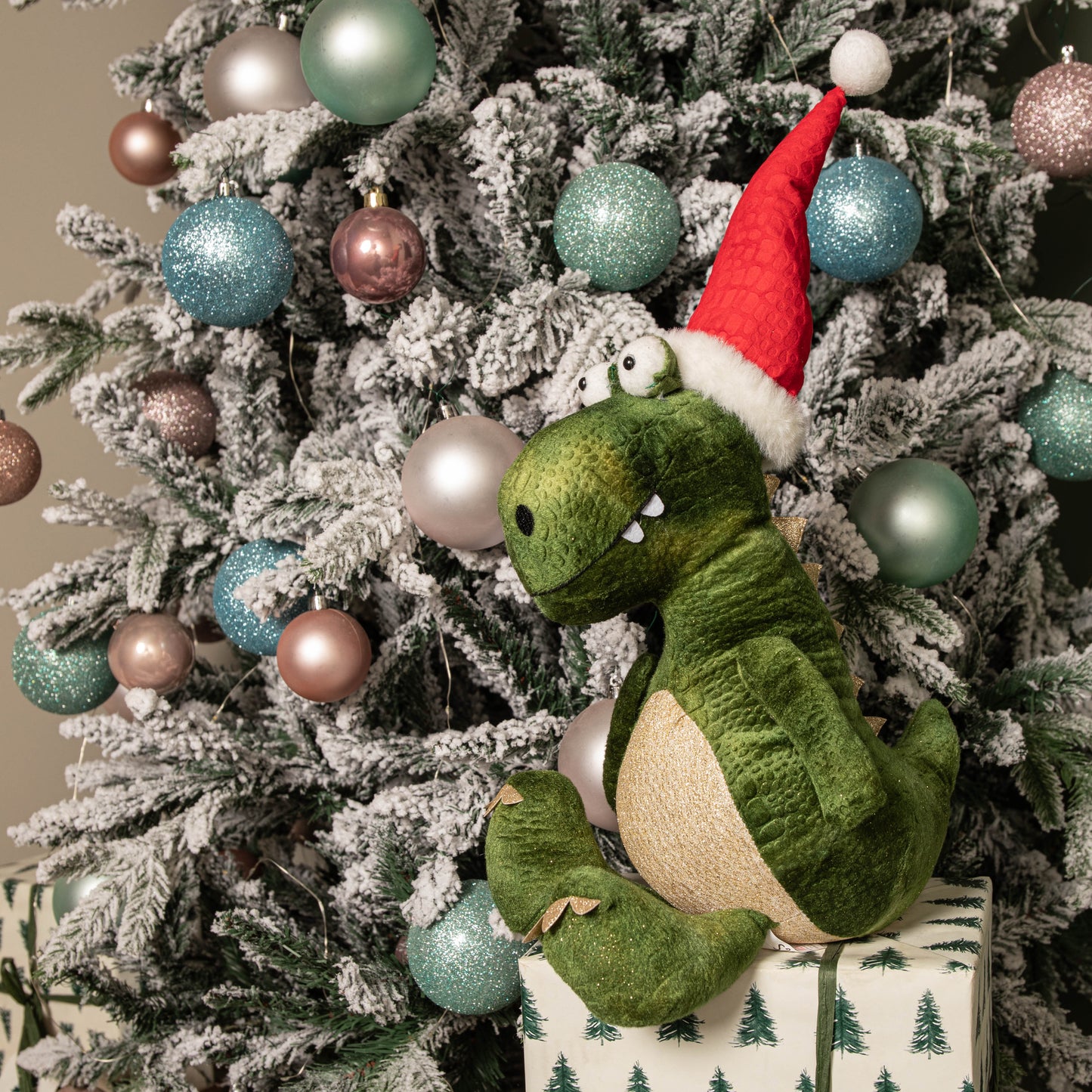 48cm Green Sitting Christmas Dinosaur with Santa Hat
