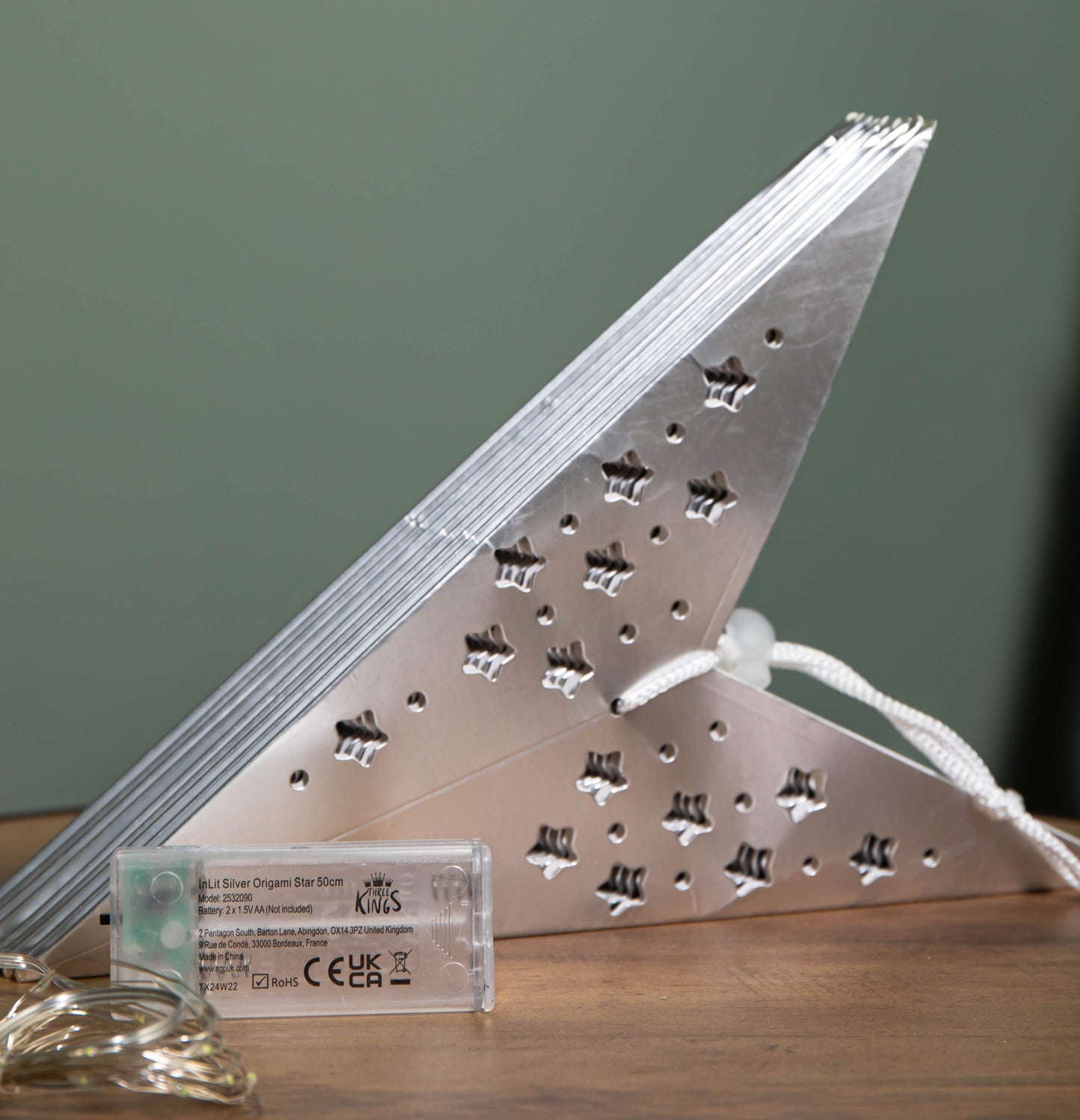 50cm Battery Powered Light up Silver Origami Hanging Christmas Star with LEDs
