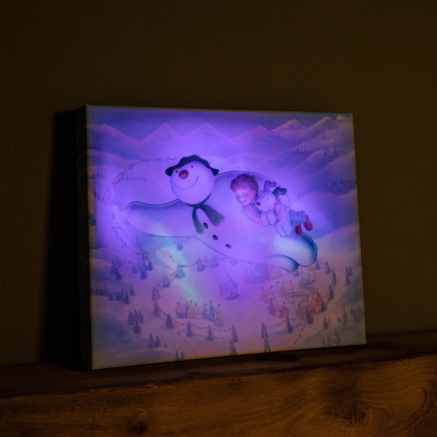 Battery Operated 25x30cm Colour Change LED Snowman Billy & Snowdog Flying Canvas Wall Art