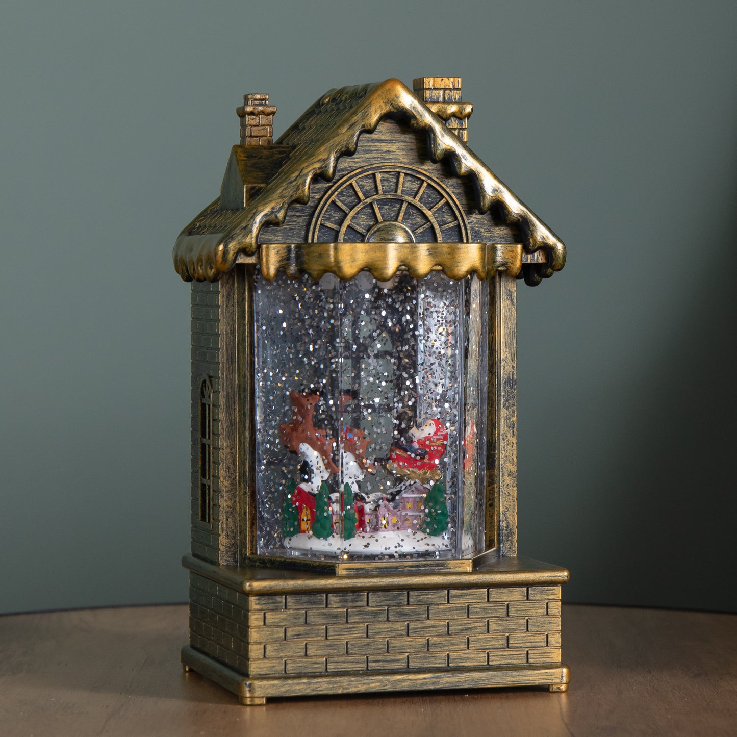 20cm Dual Powered Light up Christmas House Water Spinner with Santa in Sleigh Scene and LEDs