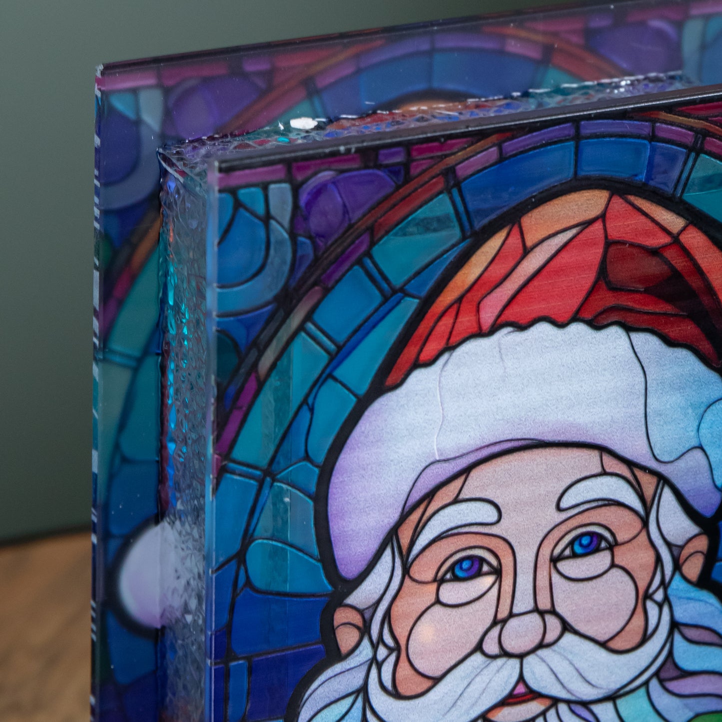 21cm Battery Operated Double Sided Stained Glass Santa Decoration with LEDs