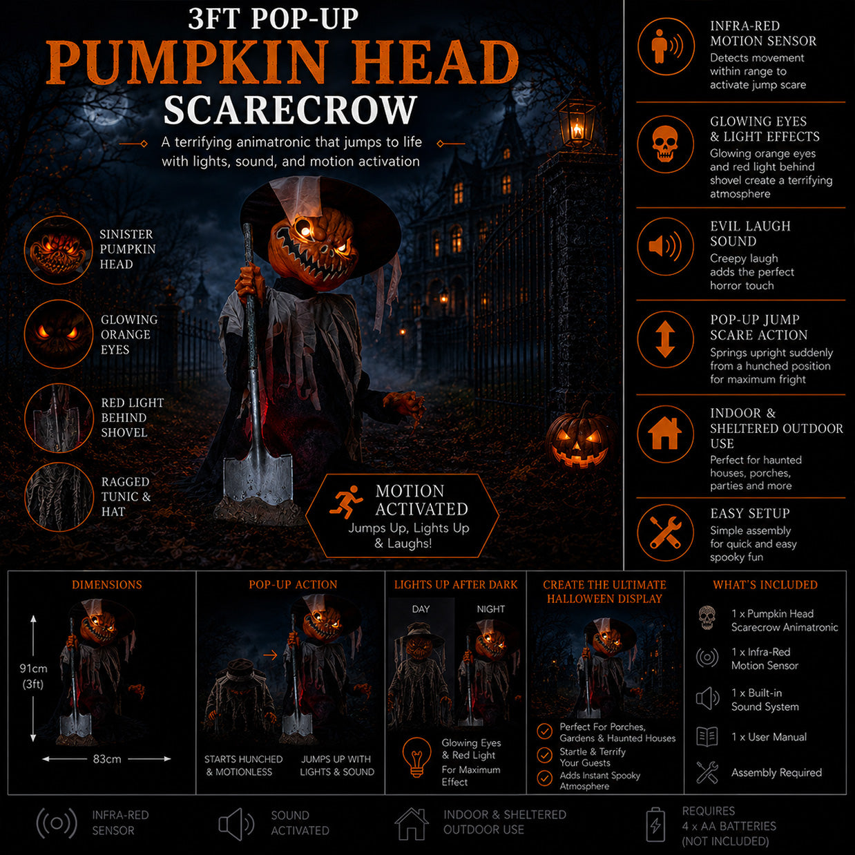 3ft Tall Pop-up Pumpkin Scarecrow Halloween Animatronic Decoration with LEDs