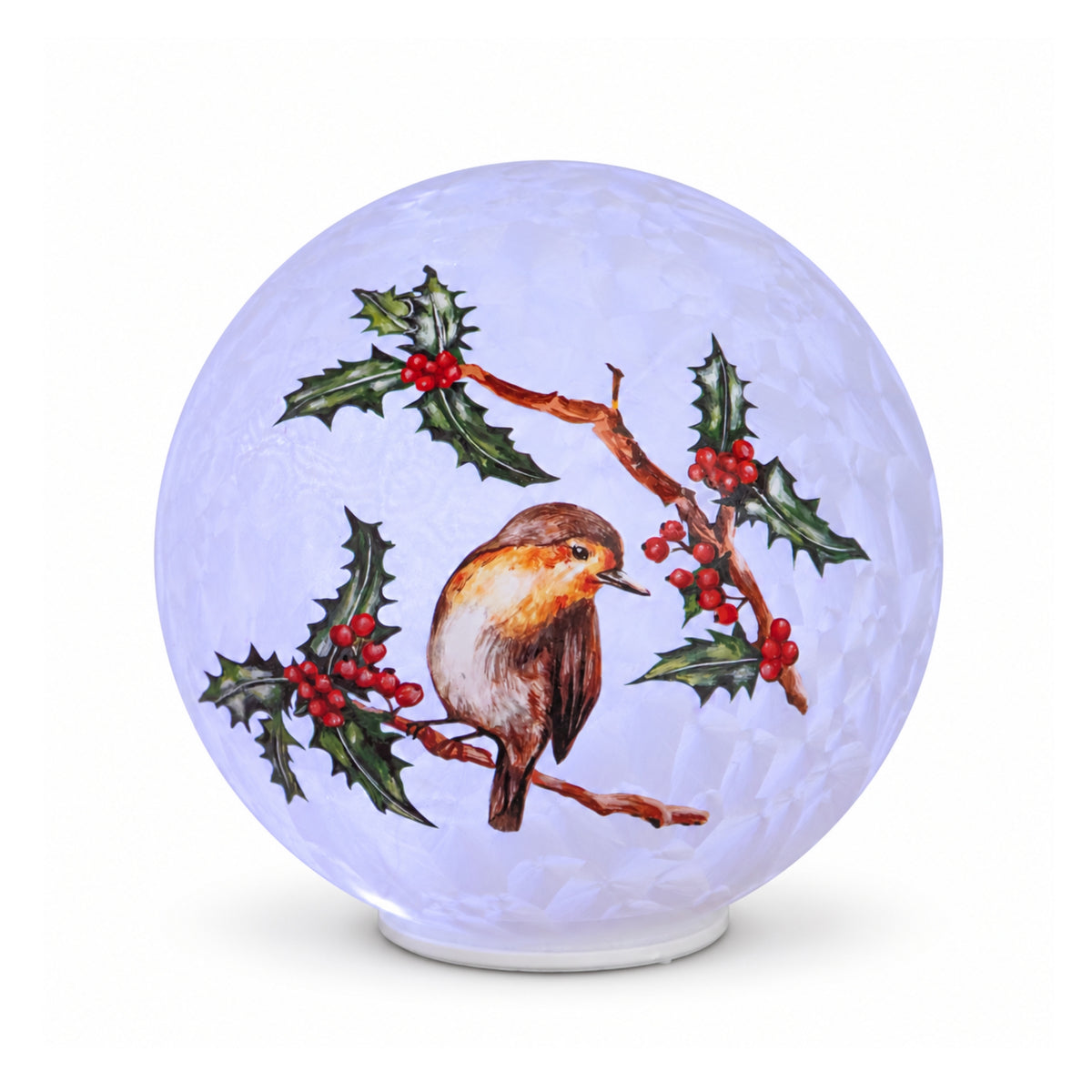 20cm Light Up Christmas Robin Glass Ball with Cool White LEDs