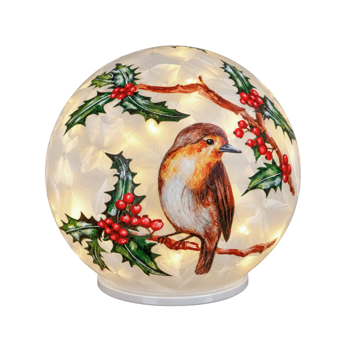 15cm Light Up Christmas Robin Glass Ball with Warm White LEDs