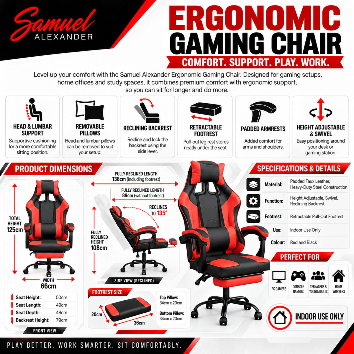 Ergonomic Gaming Chair with Footrest and Removable Pillows in Red