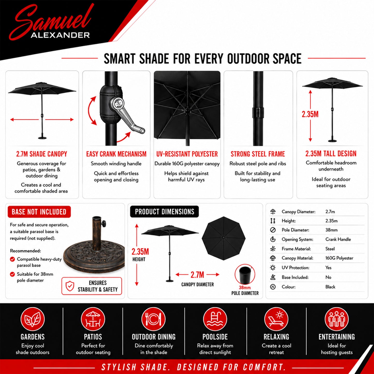 Samuel Alexander 2.7m Havana Garden Patio Parasol with Crank Handle in Black