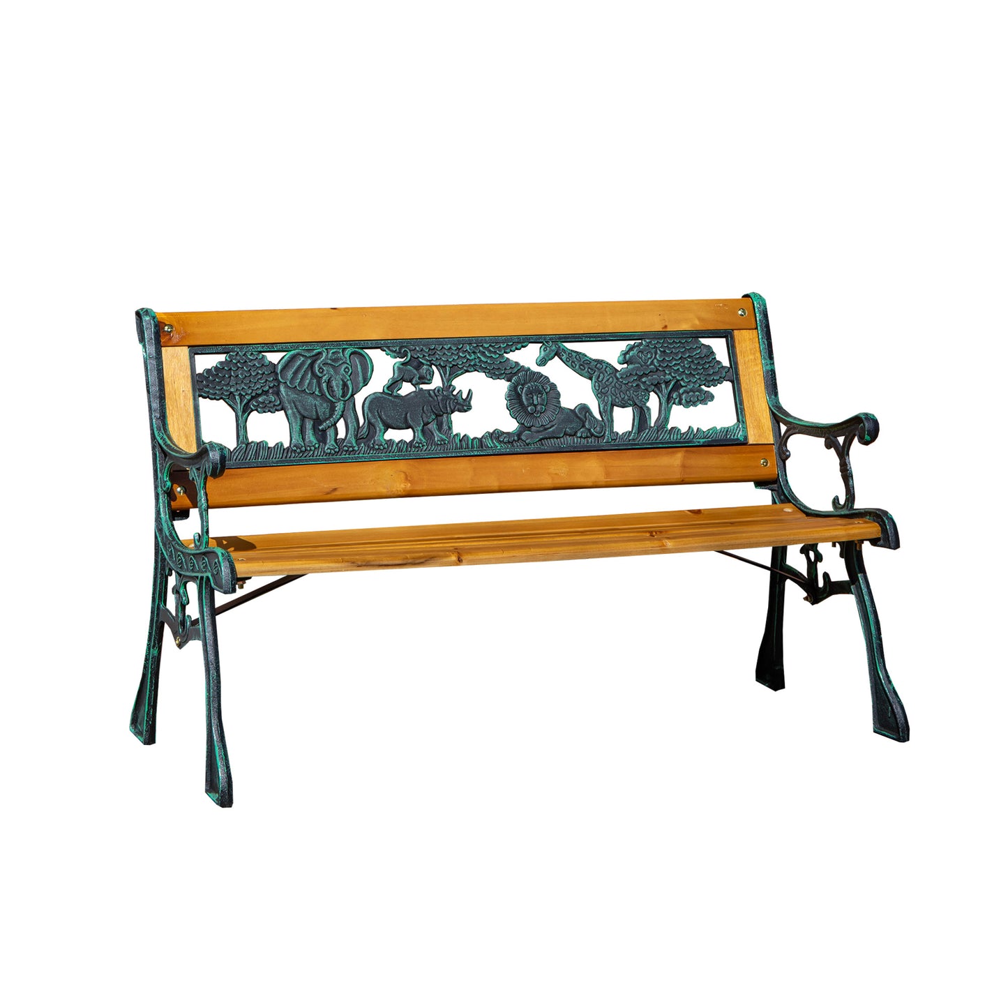 Kids 2 Seater Wooden & Cast Iron Garden Patio Childrens Bench with Animal Design