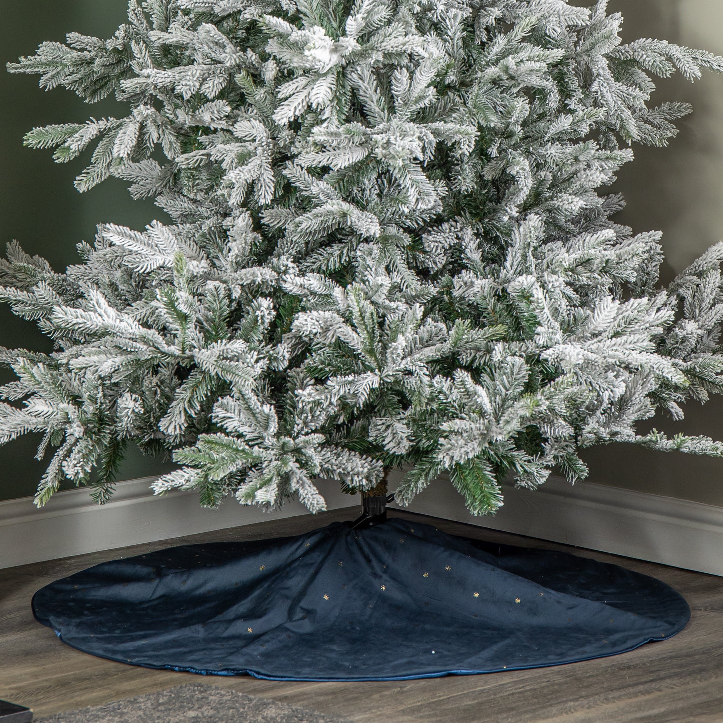 1.2m Soft Dark Blue Velour Christmas Tree Skirt with Gold Star Print