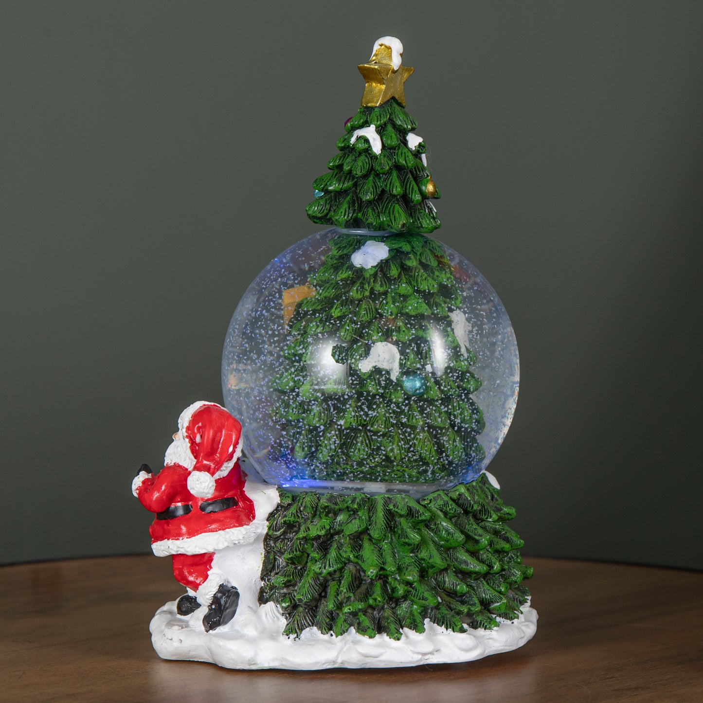 10cm Battery Powered Musical Tree Santa Spin Snowsphere with Colour Changing LEDs