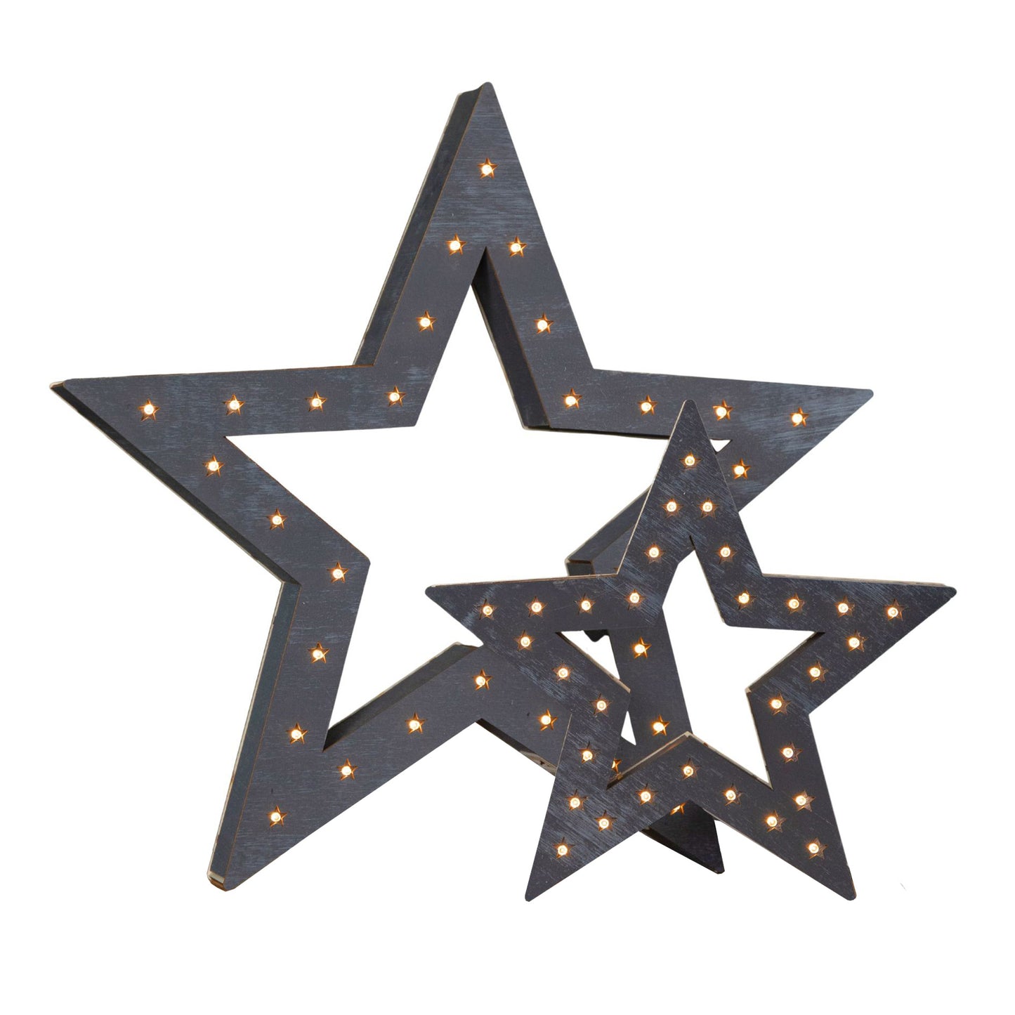 Set of 2 Battery Operated Light up Wooden Christmas Stars with 60 Warm White LEDs