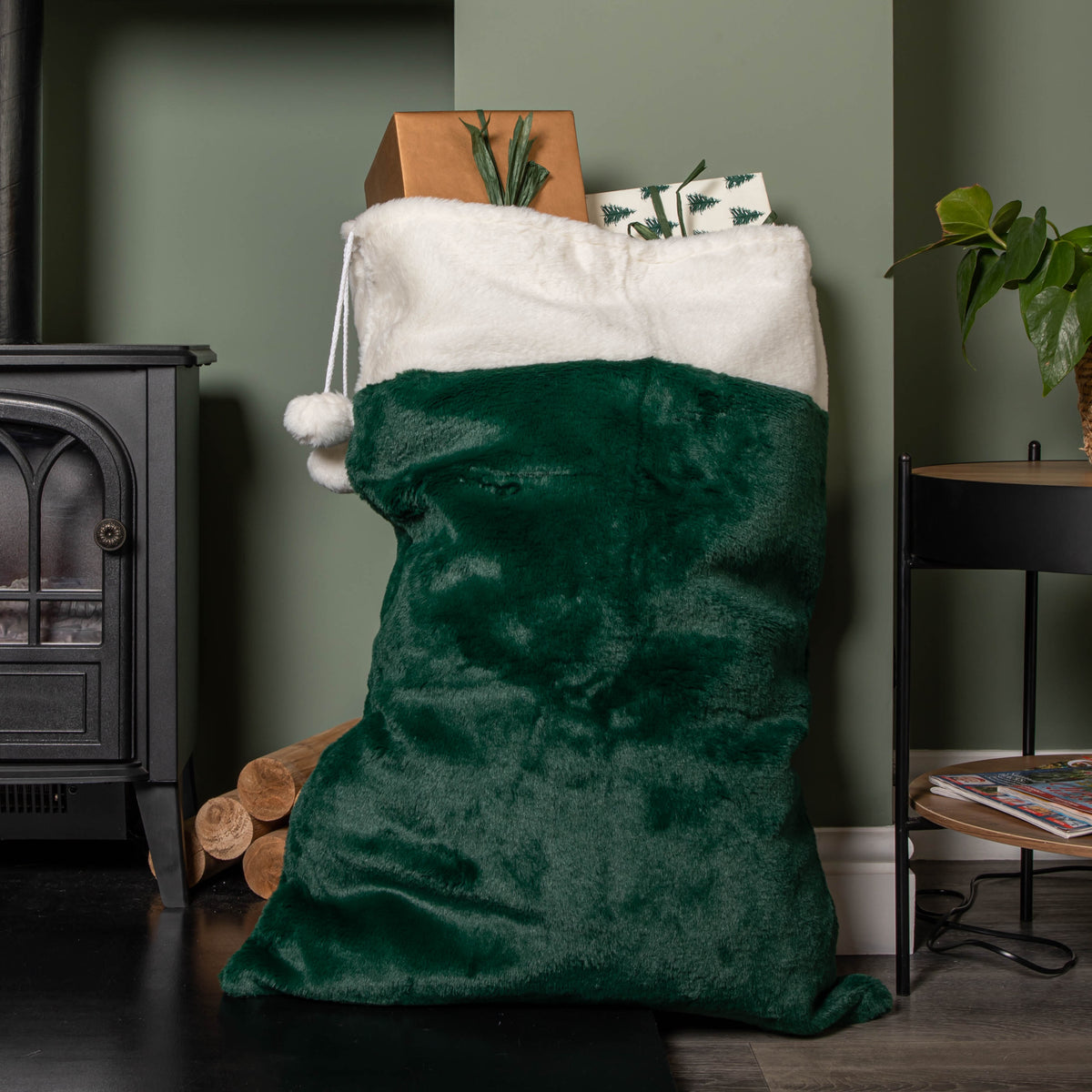 80x55cm Green Christmas Sack with White Cuff and Pom Poms