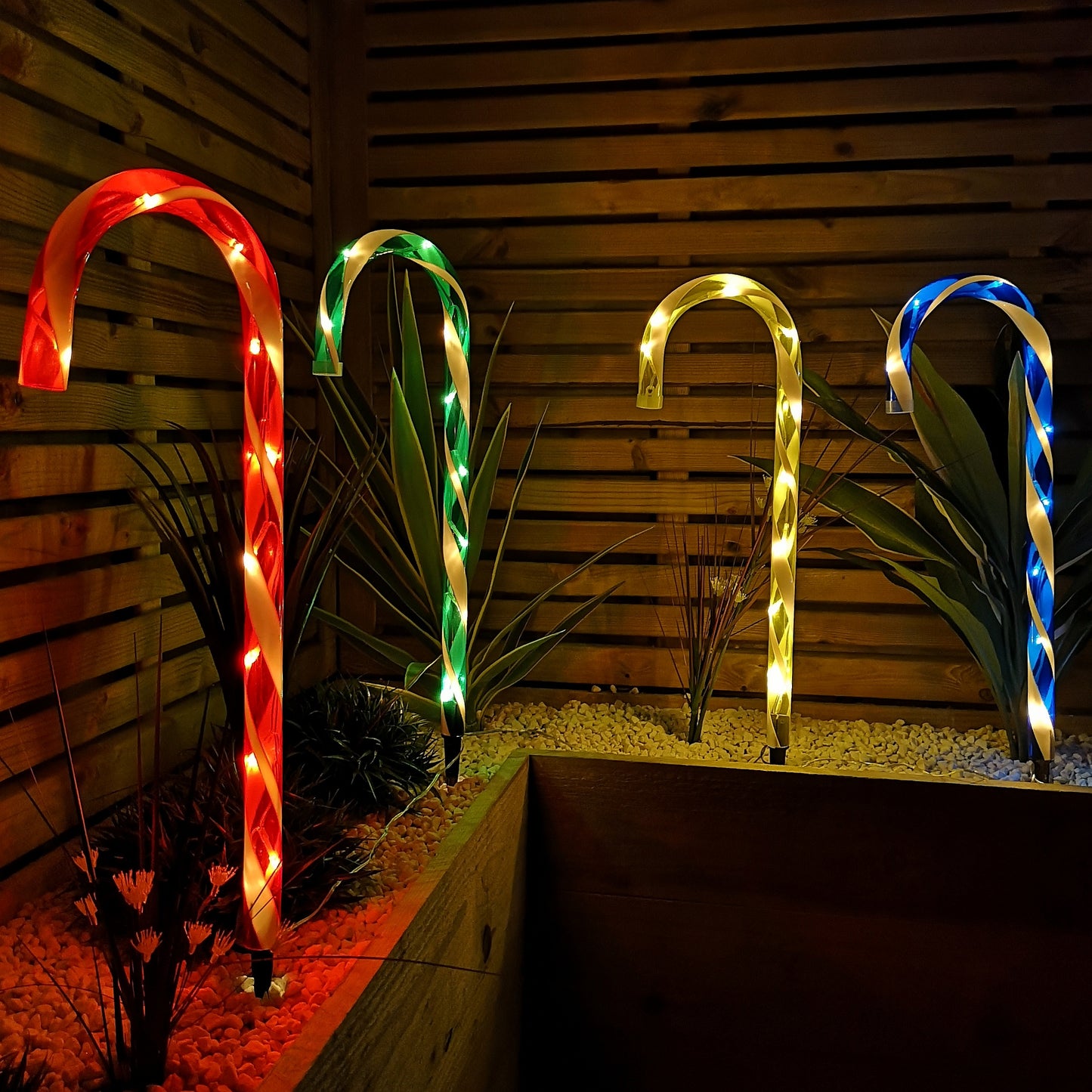 Set of 4 Battery Operated LED Multi Coloured Candy Cane Stripe Path Lights Christmas Decoration with Timer
