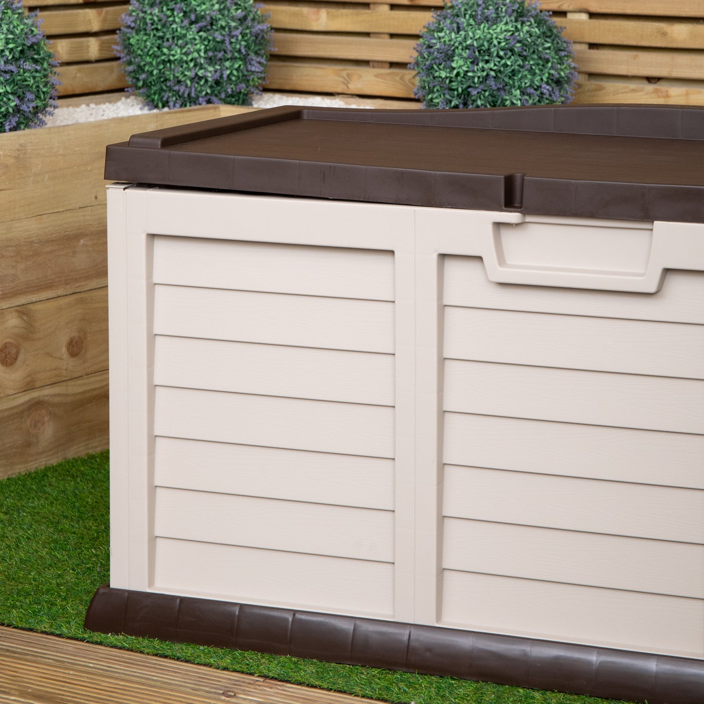 440L Heavy Duty Garden Patio Storage Box with Lockable Sit on Lid in Brown