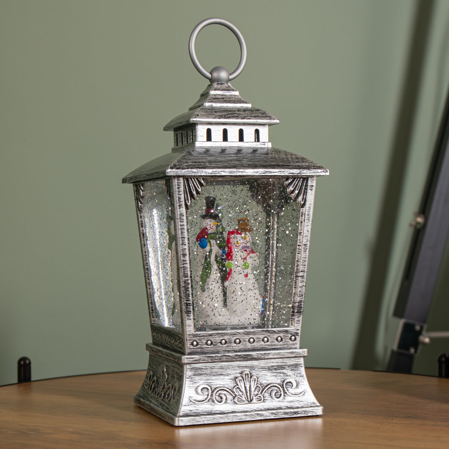 24cm Antique Trapezoid Lantern Glitter Water Spinner with Snowman Christmas Decoration