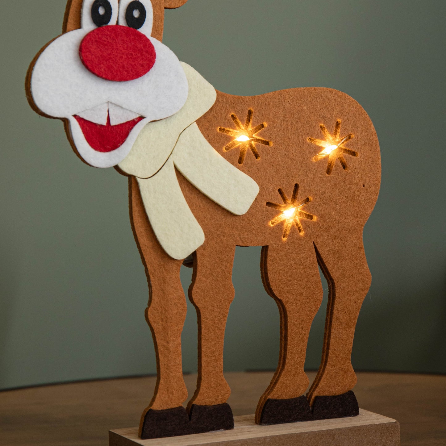32cm Battery Operated Light up Felt Reindeer with Santa Hat and Warm White LEDs