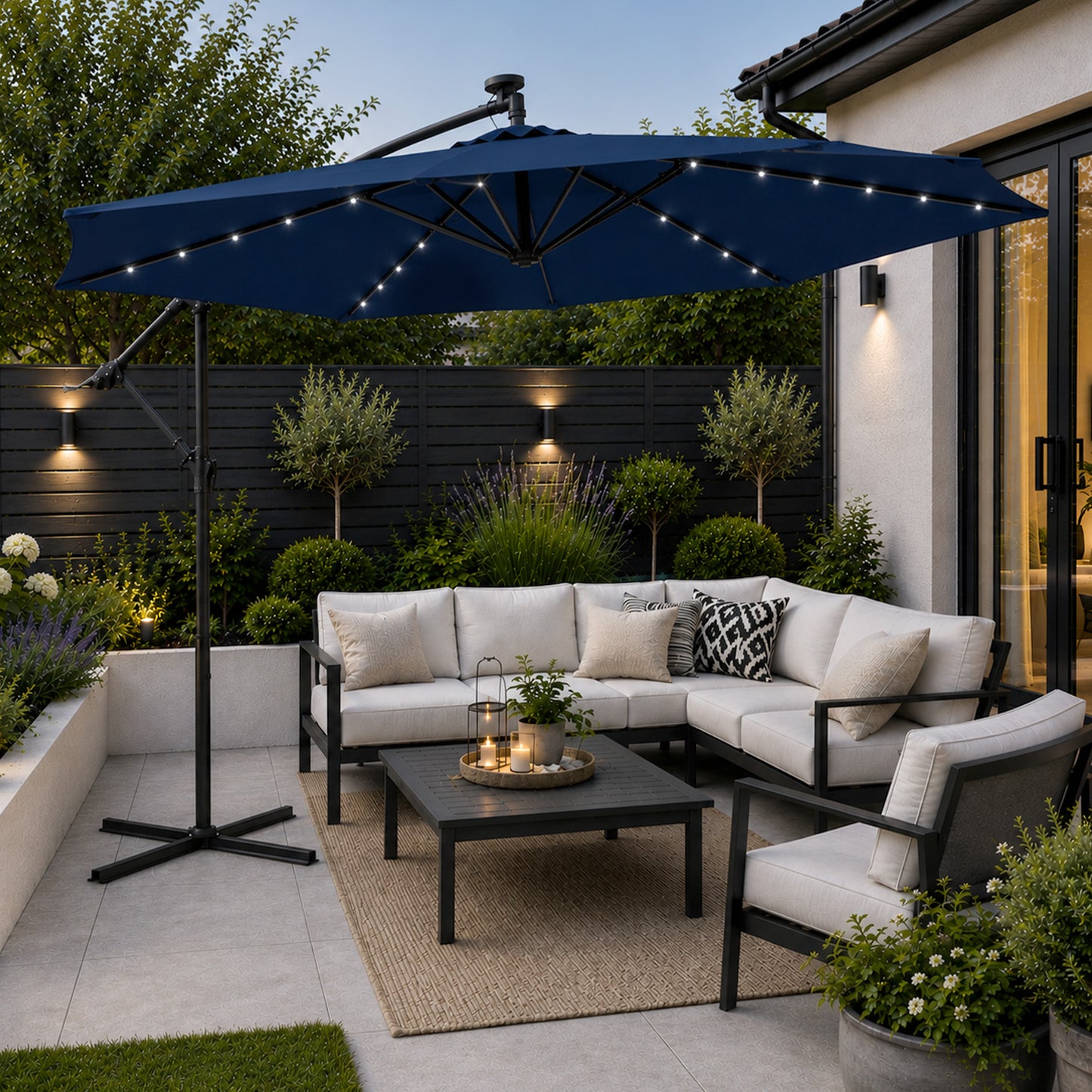 Samuel Alexander 3m Solar Powered Cantilever Lit Banana Garden Parasol with Crank Handle & White LED Lights in Blue