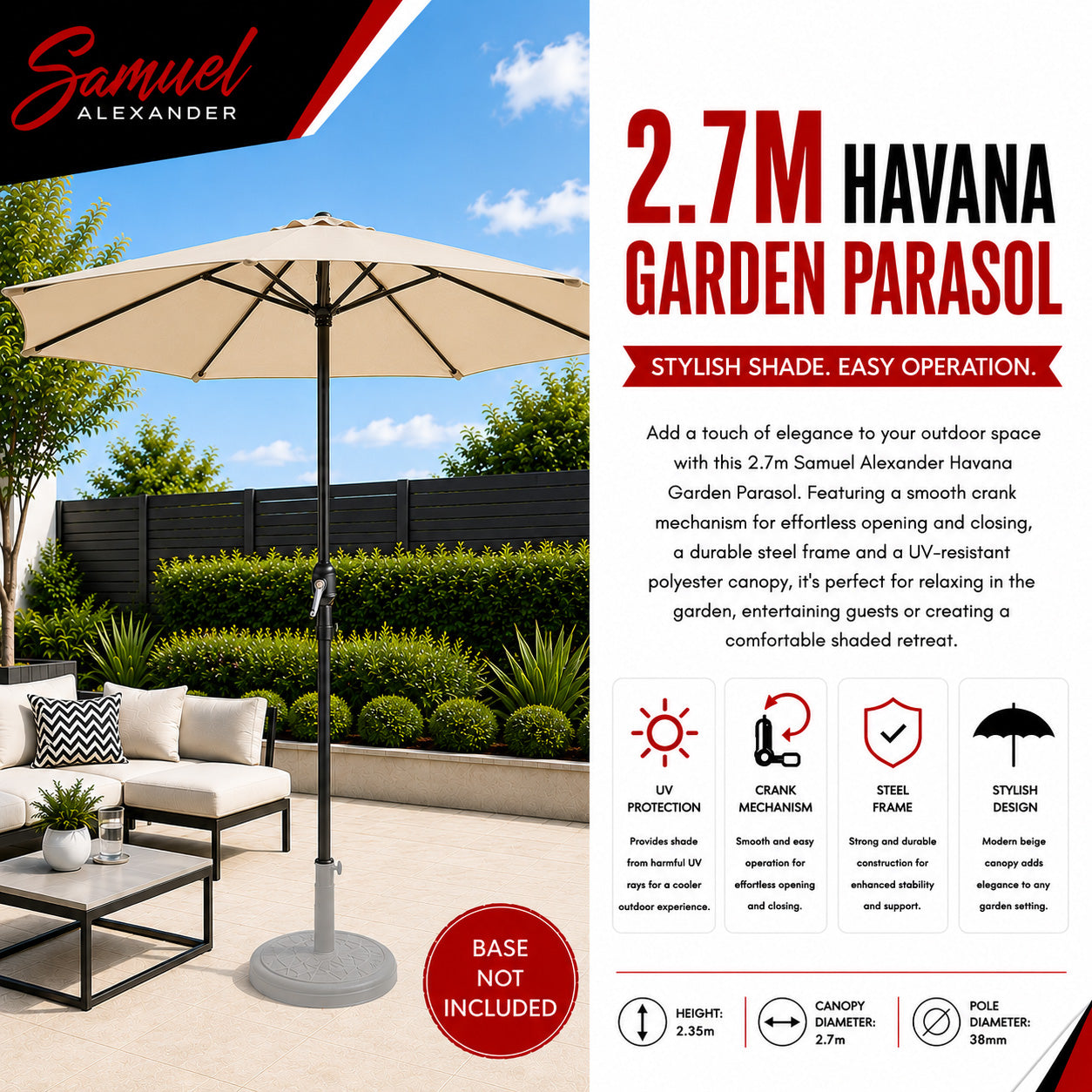 Samuel Alexander 2.7m Havana Garden Patio Parasol with Crank Handle in Beige