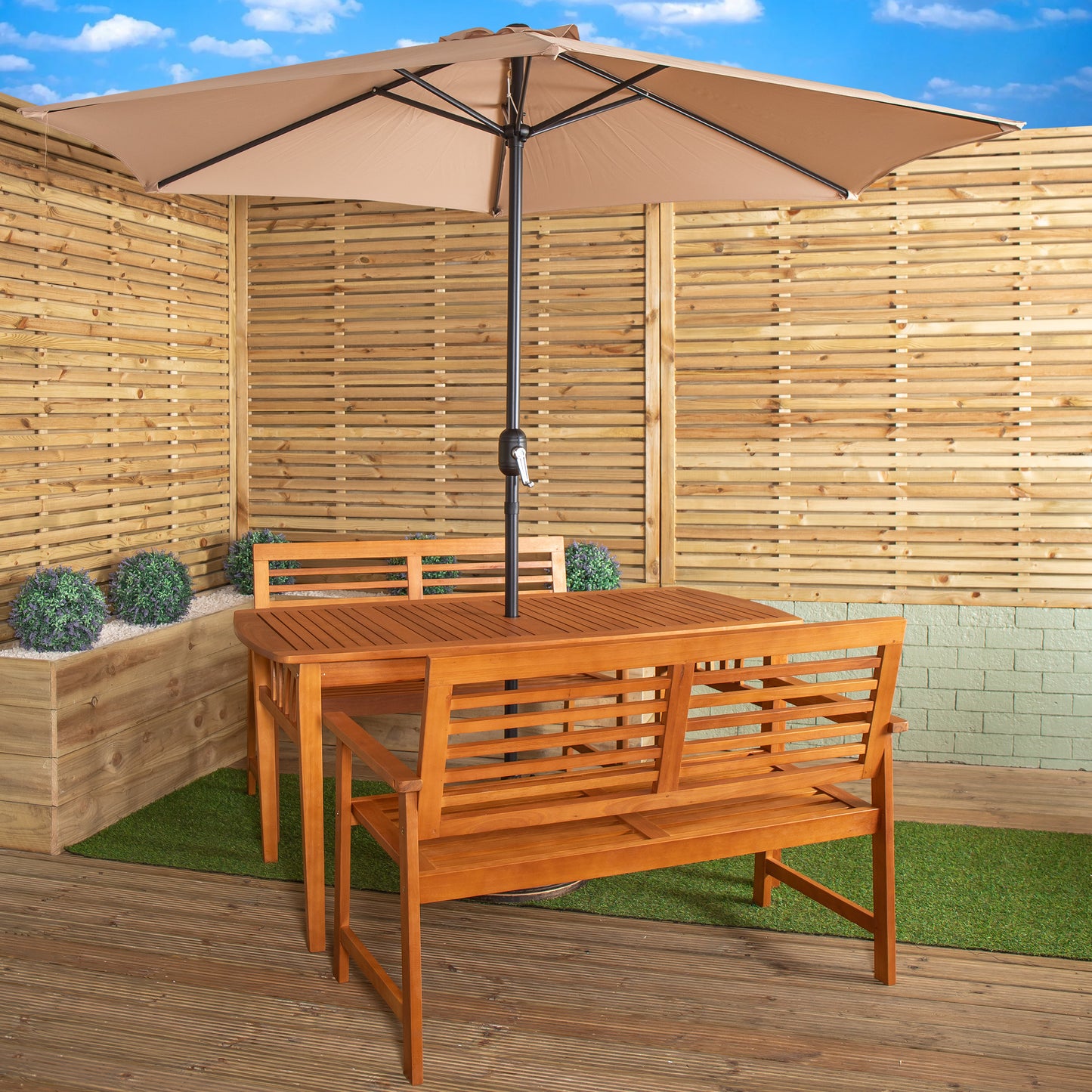 Outdoor 4 Person Rectangular Wooden Garden Table, 2 Benches with Beige Havana Parasol & Base