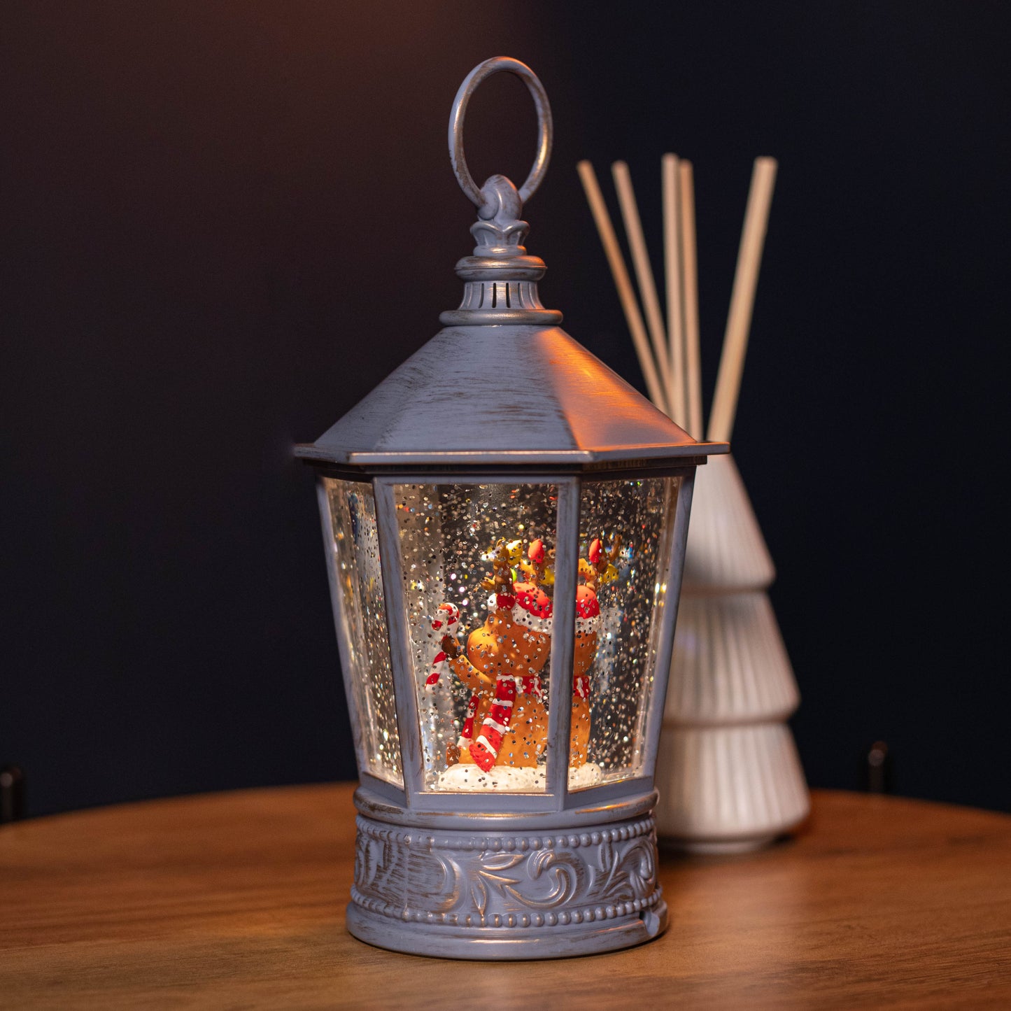 26cm Snowtime Dual Power LED Christmas Glitter Water Spinner Blue Lantern Cute Reindeer Scene