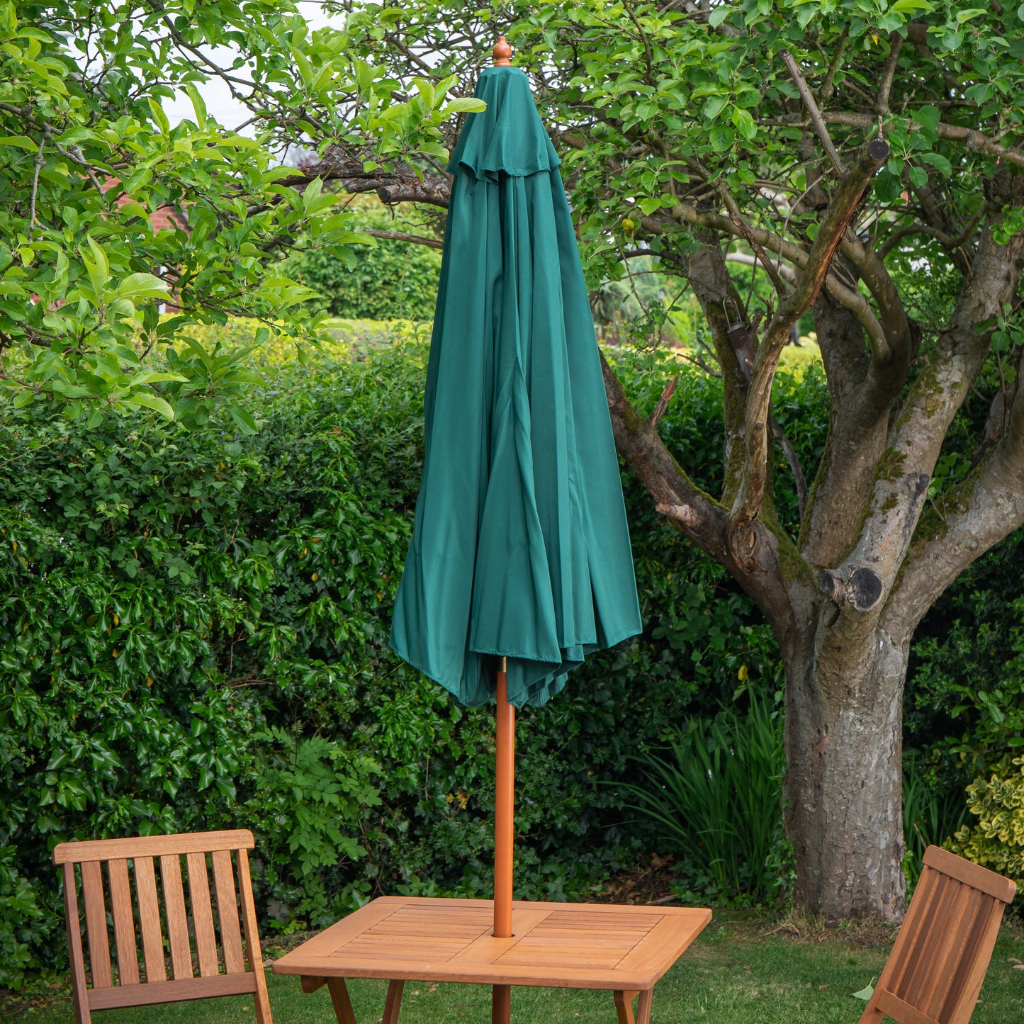 Outdoor 4 Person Folding Square Wooden Garden Dining Table Chairs Green Parasol and Base Set