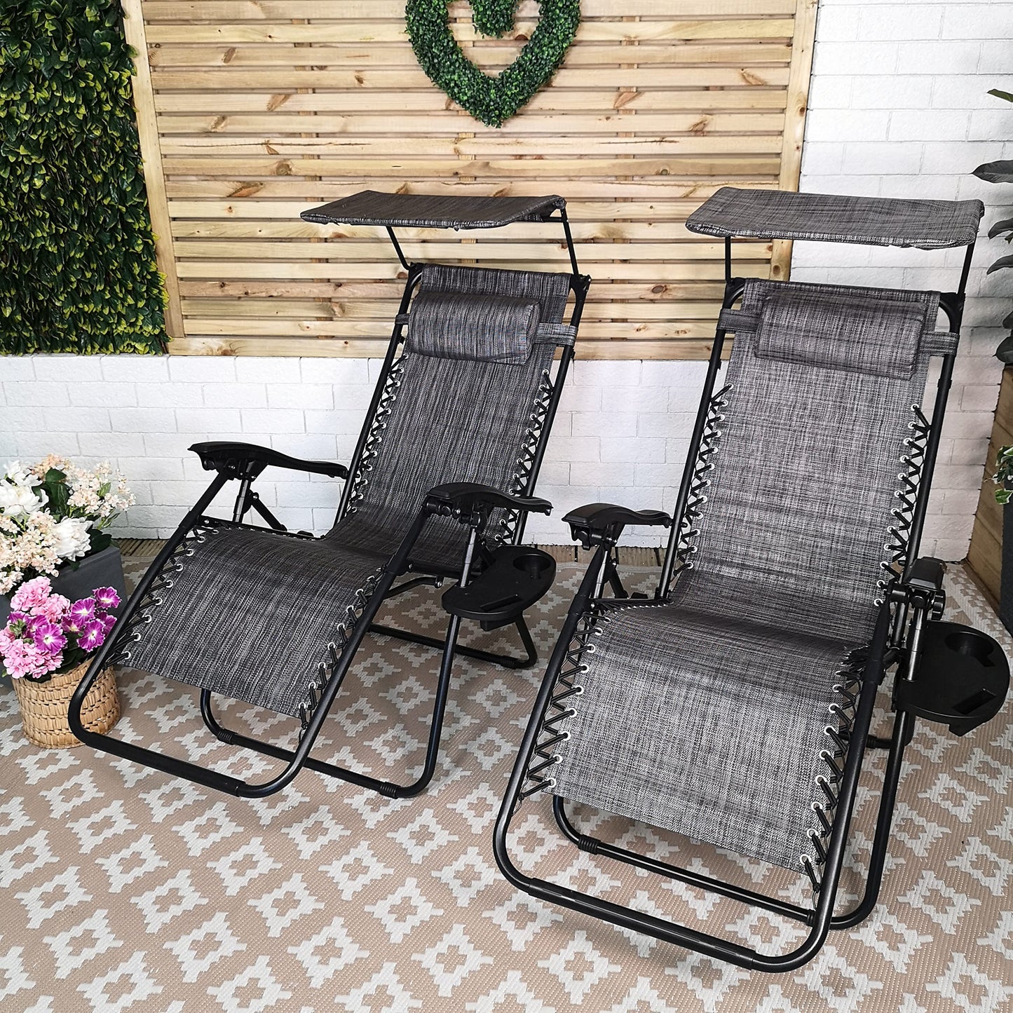 Factory Seconds: Pack of 2 Multi Position Garden Gravity Relaxer Chair Sun Loungers with Sun Canopy in Grey