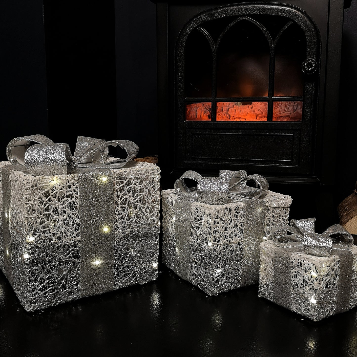 Set of 3 Battery Operated Silver Sparkly Christmas Gift Boxes with LEDs