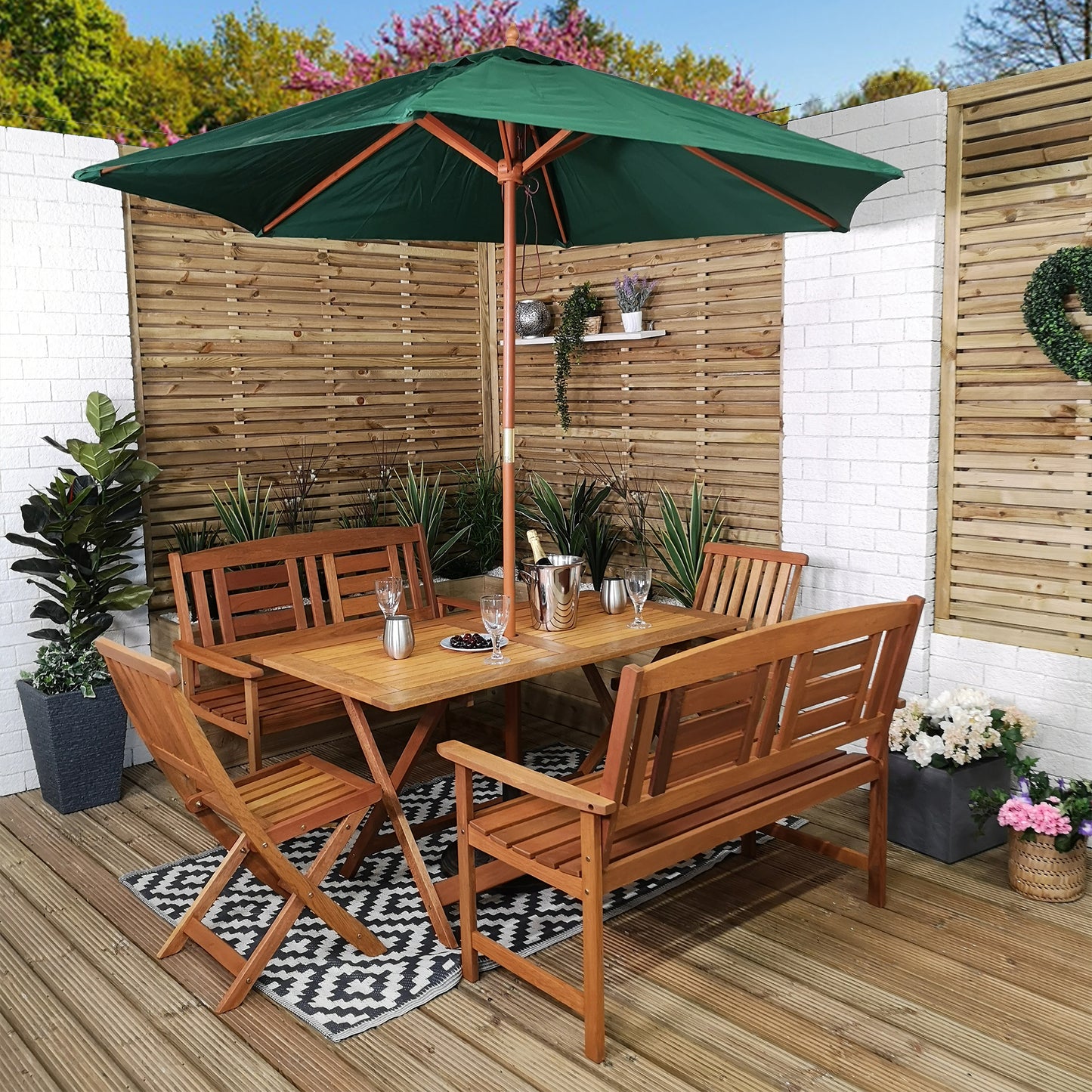 Outdoor 6 Person Folding Rectangular Wooden Garden Dining Table Chairs and 2 Benches Parasol and Base set