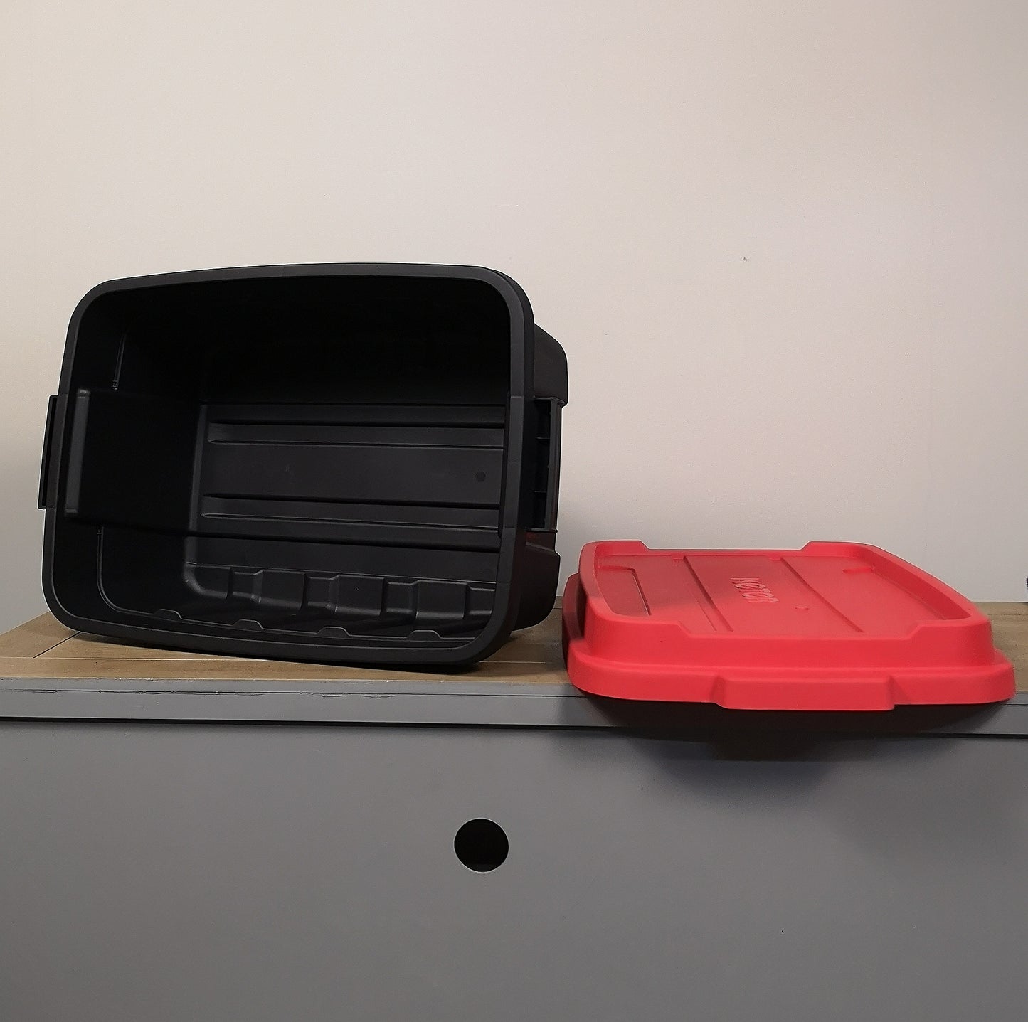 37L Black and Red Tuff Stackable Storage Box with Lid and Carry Handles