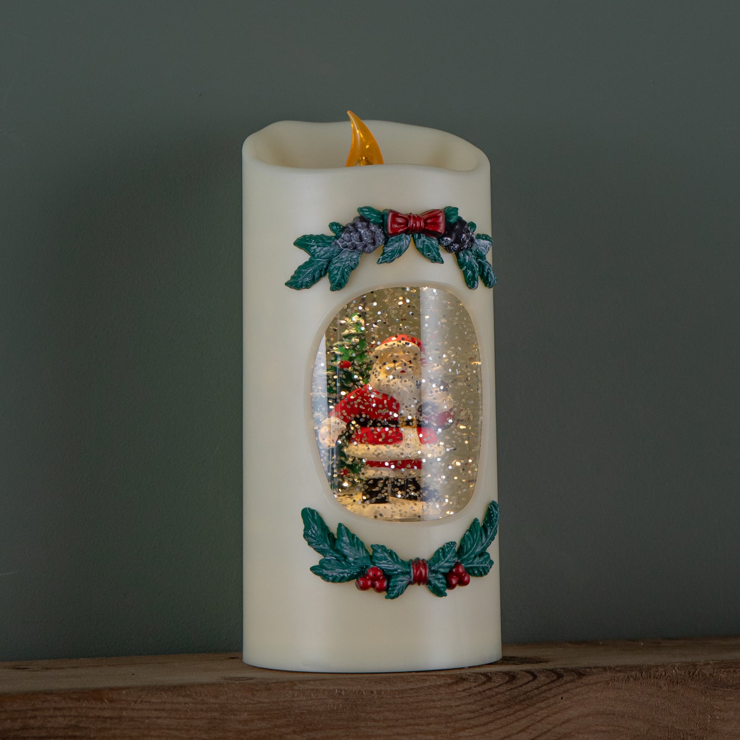 20cm Dual Powered Light up Christmas Pillar Candle Water Spiner with Santa and LEDs