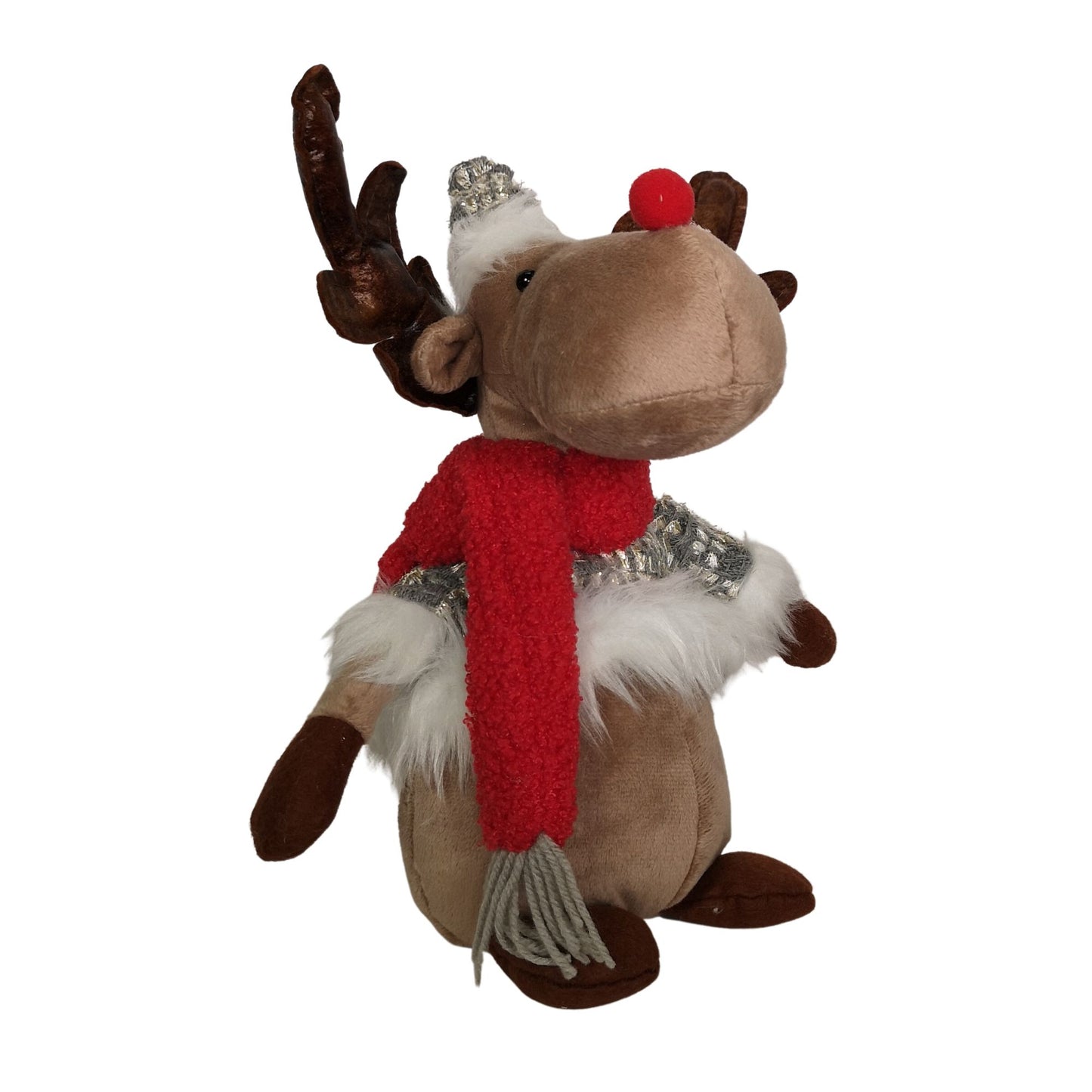 38cm Plush Reindeer Christmas Decoration with Hat and Scarf in Grey