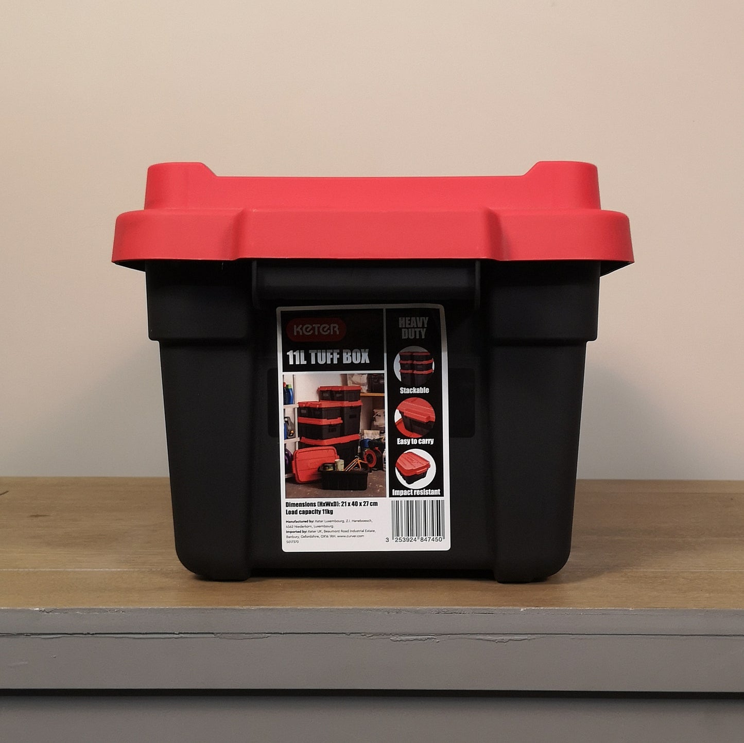 11L Black and Red Small Tuff Stackable Storage Box with Lid and Carry Handles