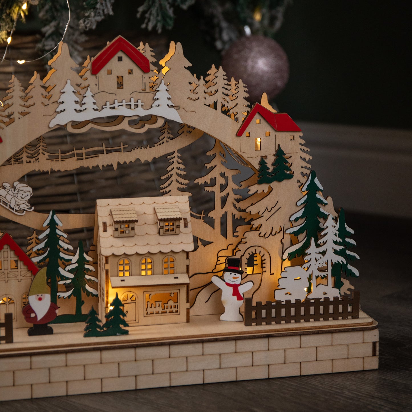 40cm Battery Operated Wooden Christmas Alpine Scene with LEDs
