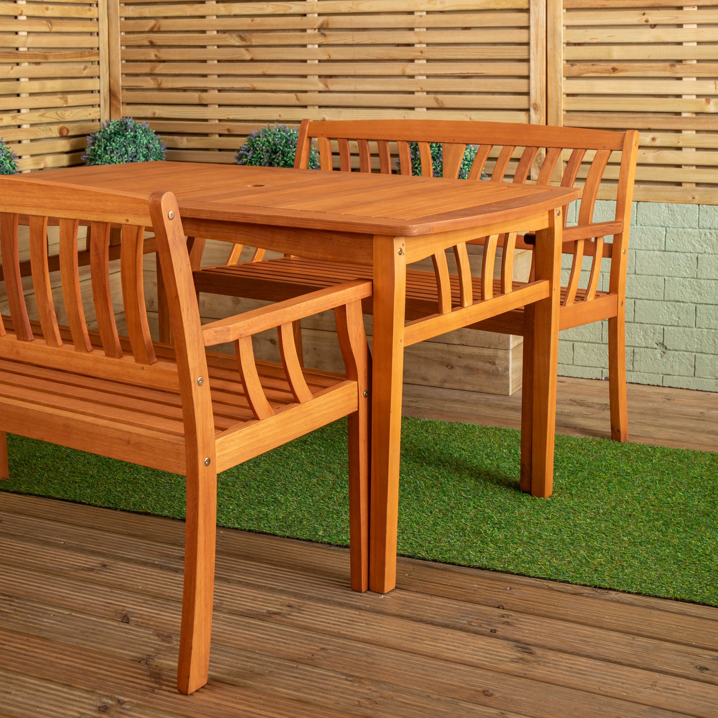 Outdoor 4 Person Rectangular Wooden Garden Dining Table with 2 Benches Furniture Set